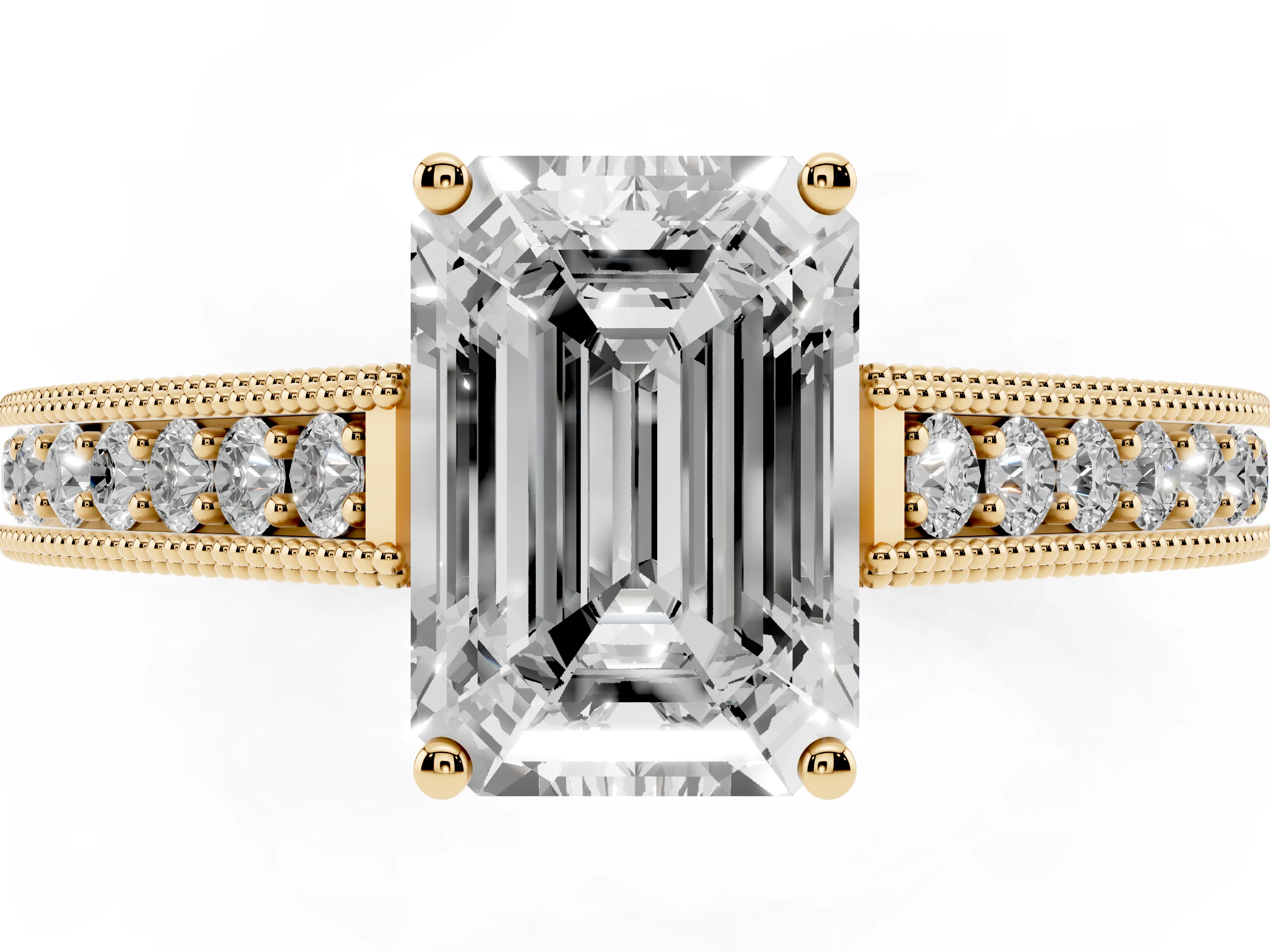 Emerald Cut Diamond Milgrain Pavé Band Solitaire Ring Set in Yellow gold with Prong Setting