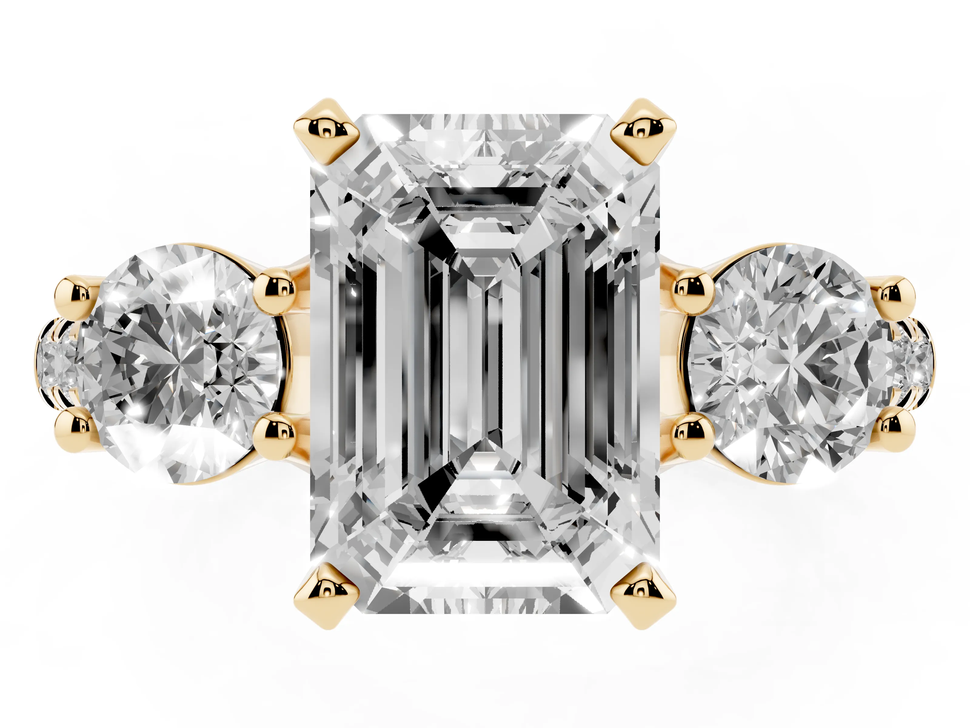 Three-Stone Emerald Cut Diamond Pavé Band Ring Set in Yellow gold with Prong-Set Trio