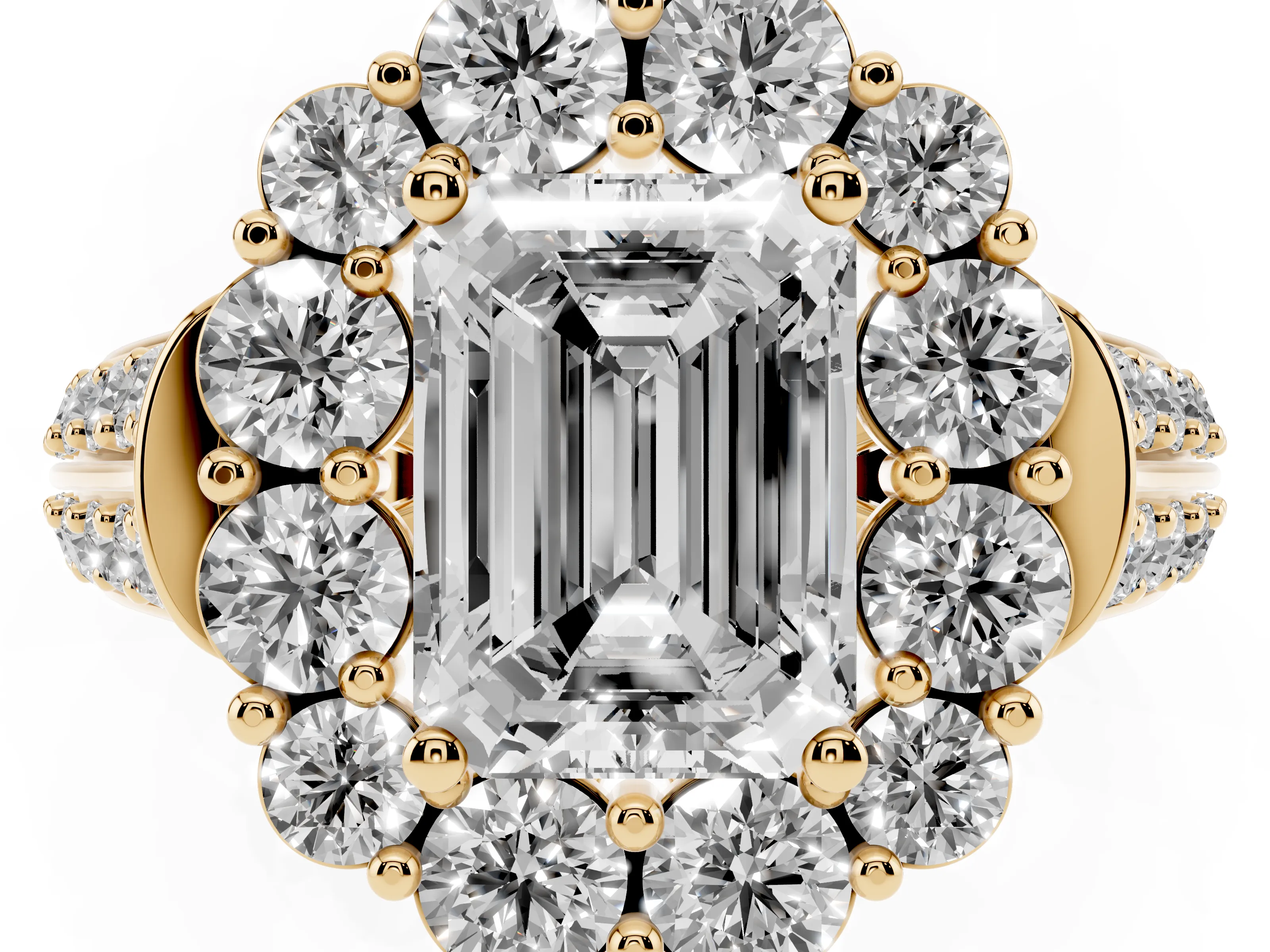 Emerald Cut Diamond Halo Engagement Ring Set in Yellow gold with Split Shank and Prong Setting