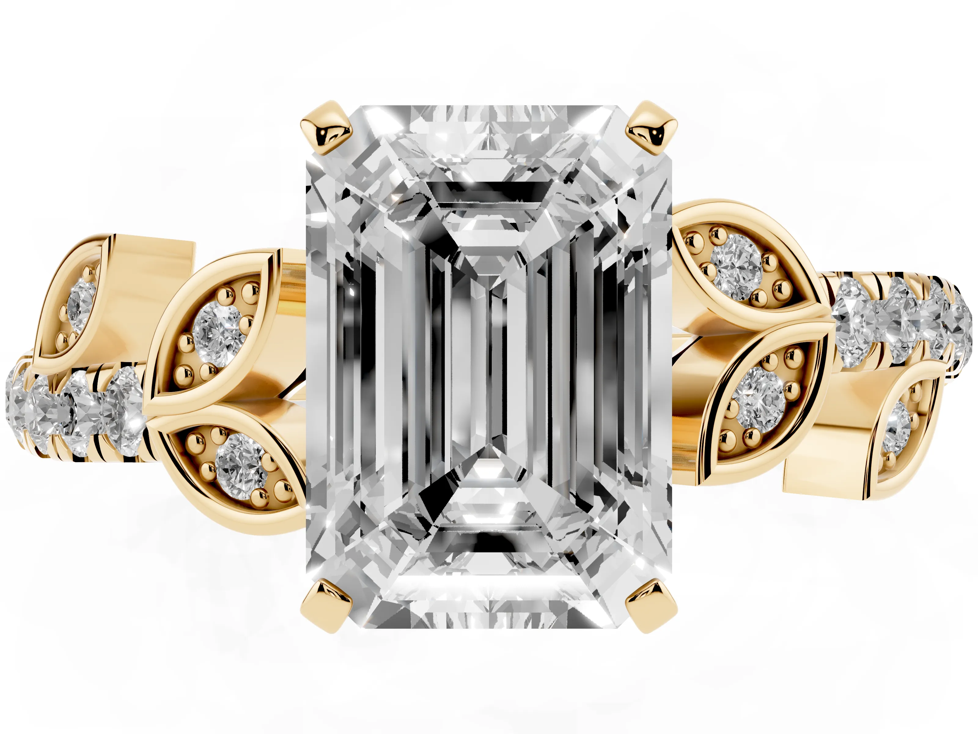 Emerald Cut Diamond Solitaire Leaf-Inspired Ring Set in Yellow gold with Pavé Band and Prong Setting