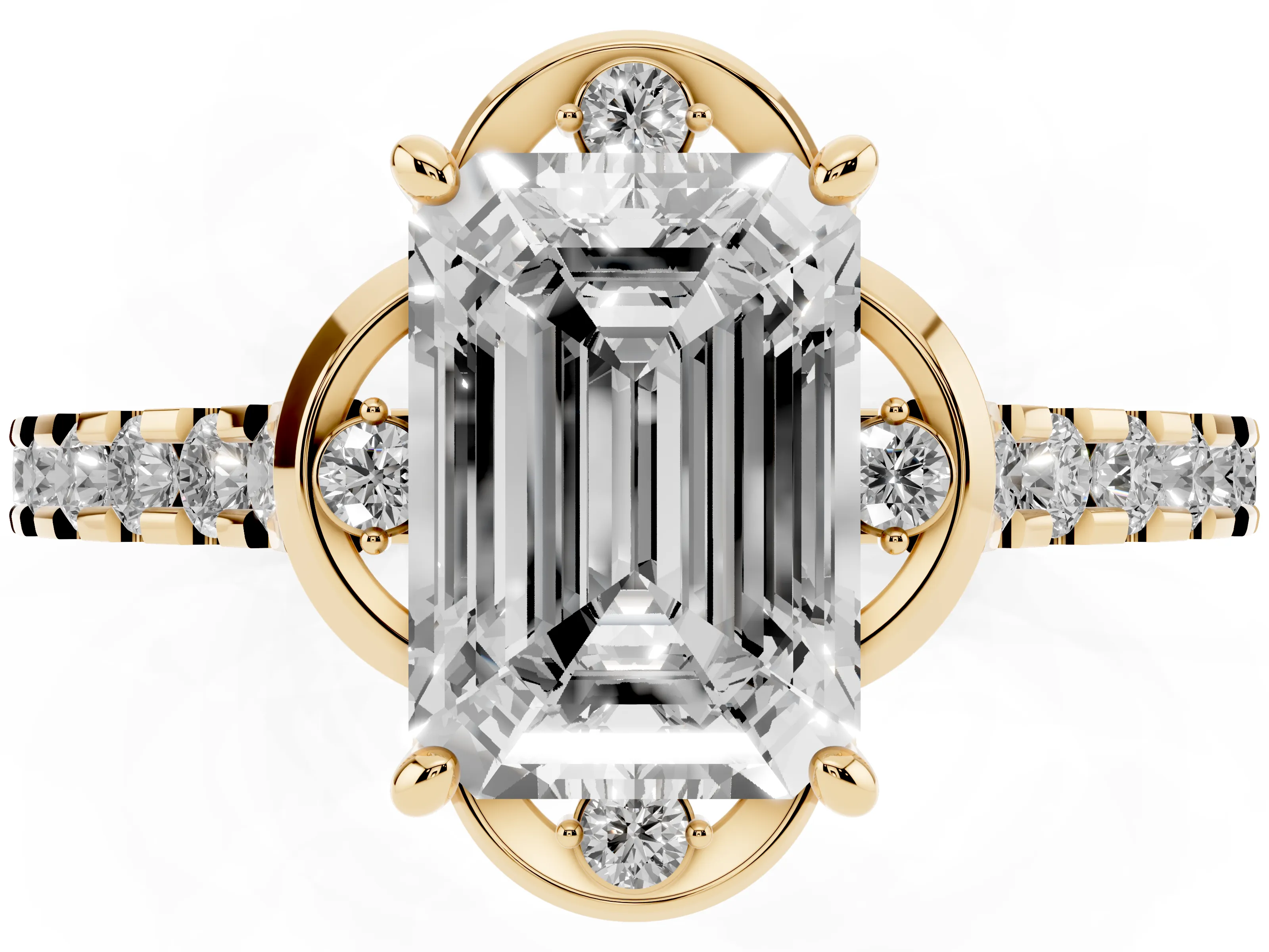 Emerald Cut Diamond Solitaire Ring Set in Yellow gold with Pavé Band and Floral Prong Setting