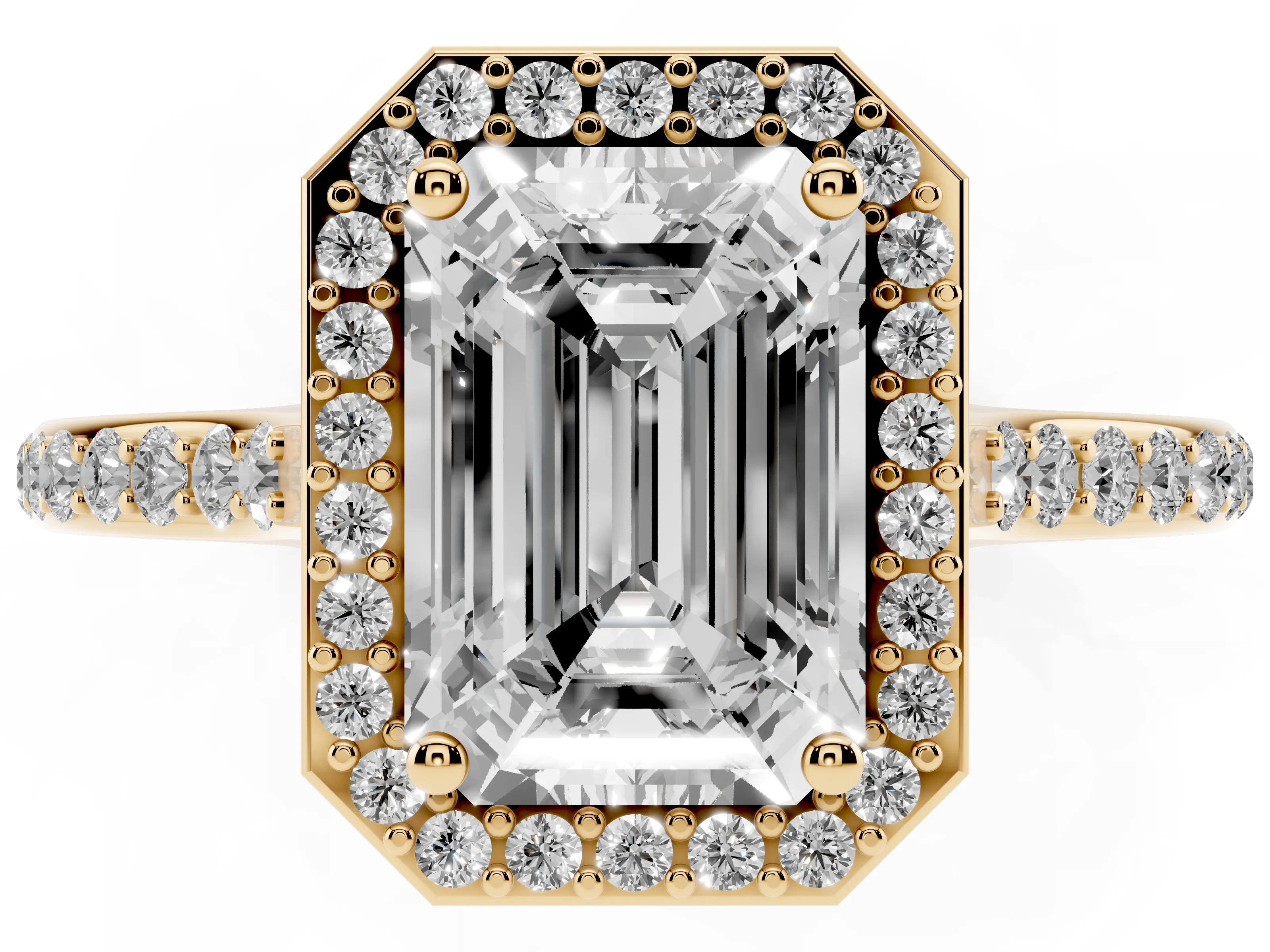Emerald Cut Diamond Halo Engagement Ring Set in Yellow gold with Round Pavé Shoulders and Heart Gallery