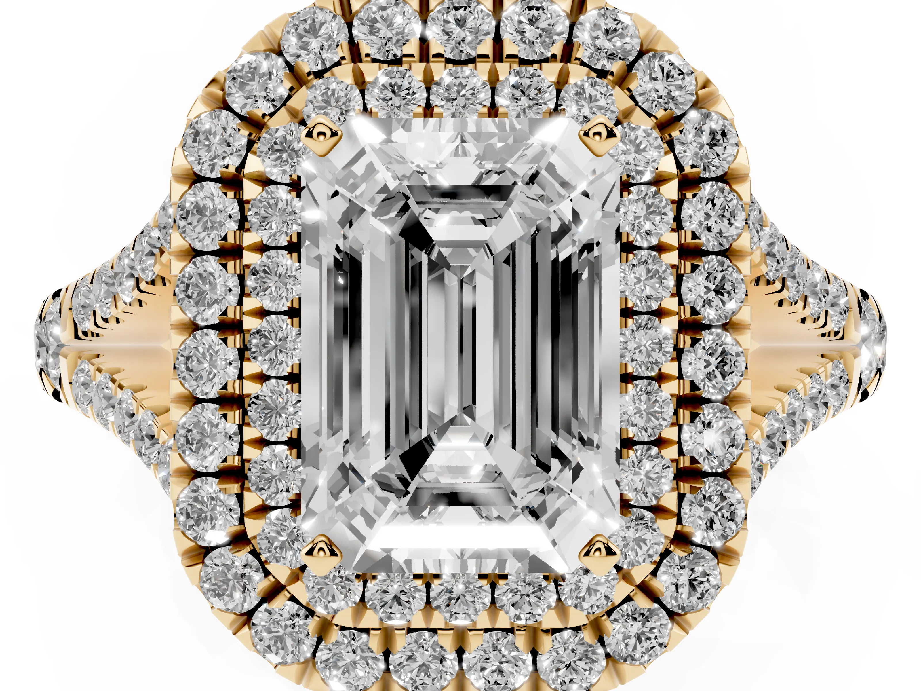 Emerald Cut Diamond Pavé Split Shank Double Halo Engagement Ring Set in Yellow gold