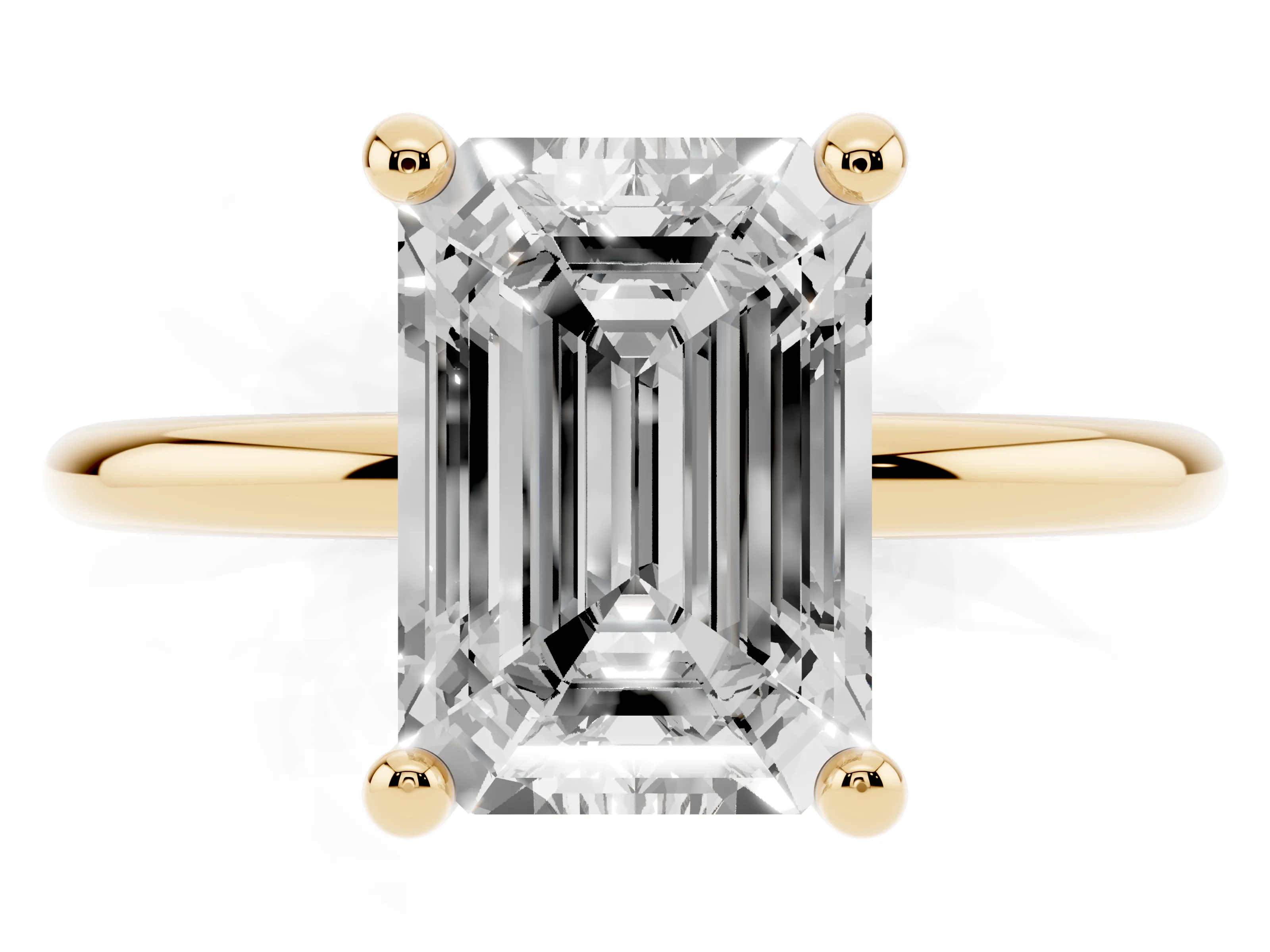 Emerald Cut Diamond Solitaire Ring Set in Yellow gold with Secure Prong Setting on a Classic Band
