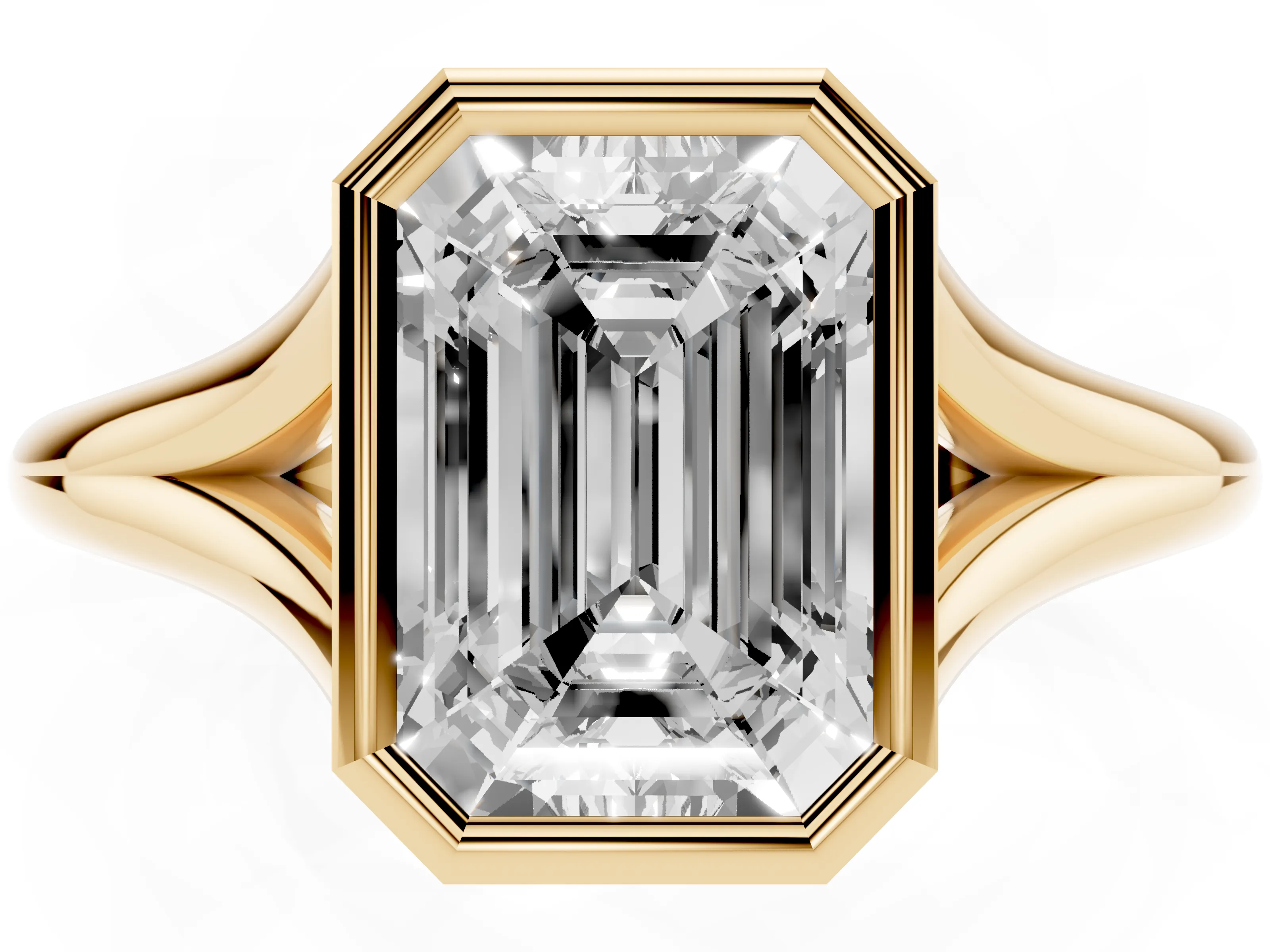 Bezel Set Emerald Cut Diamond Solitaire Ring Set in Yellow gold with Tapered Band