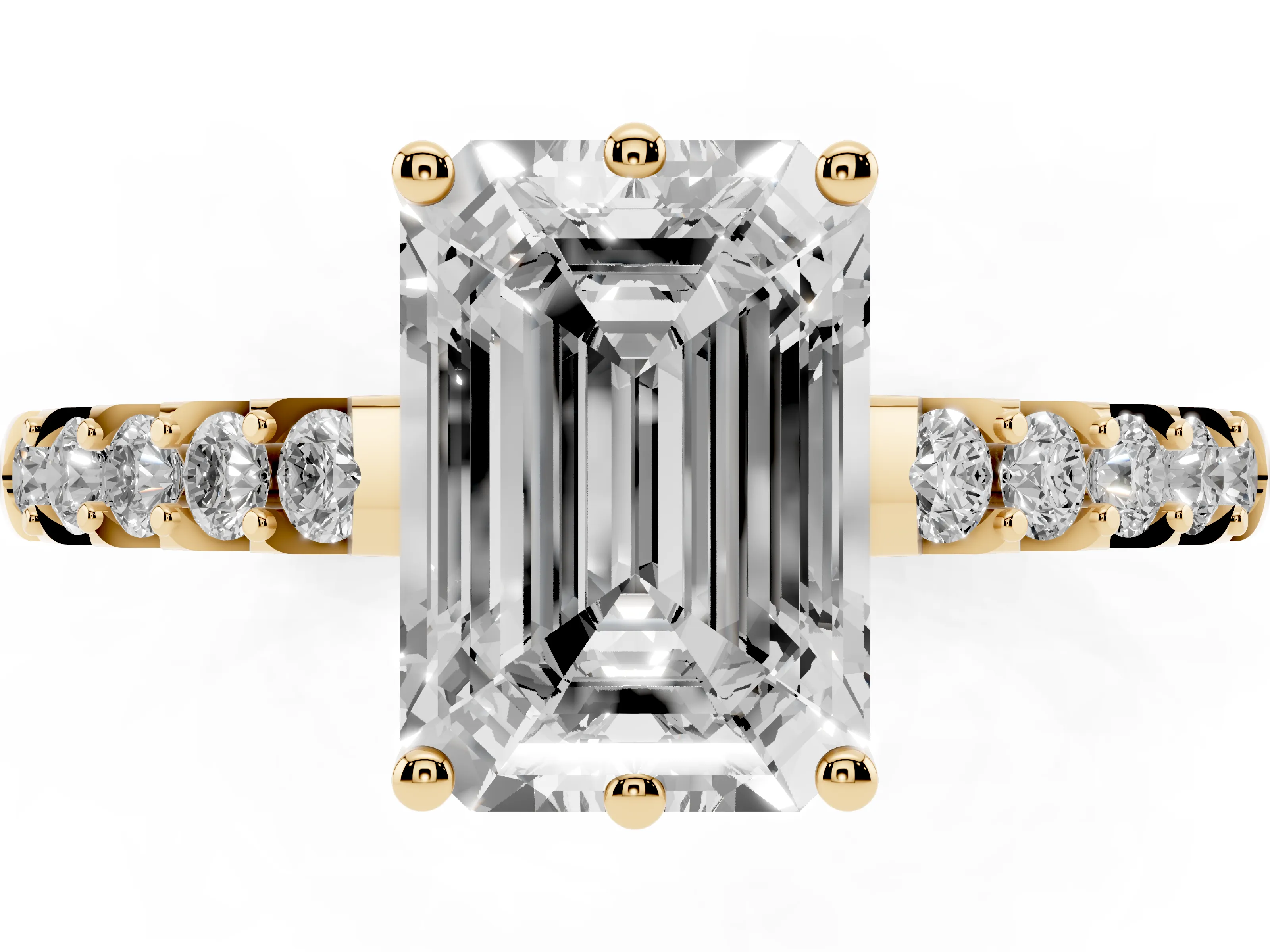 Emerald Cut Diamond Solitaire Engagement Ring Set in Yellow gold with Pavé Band and Prong Setting