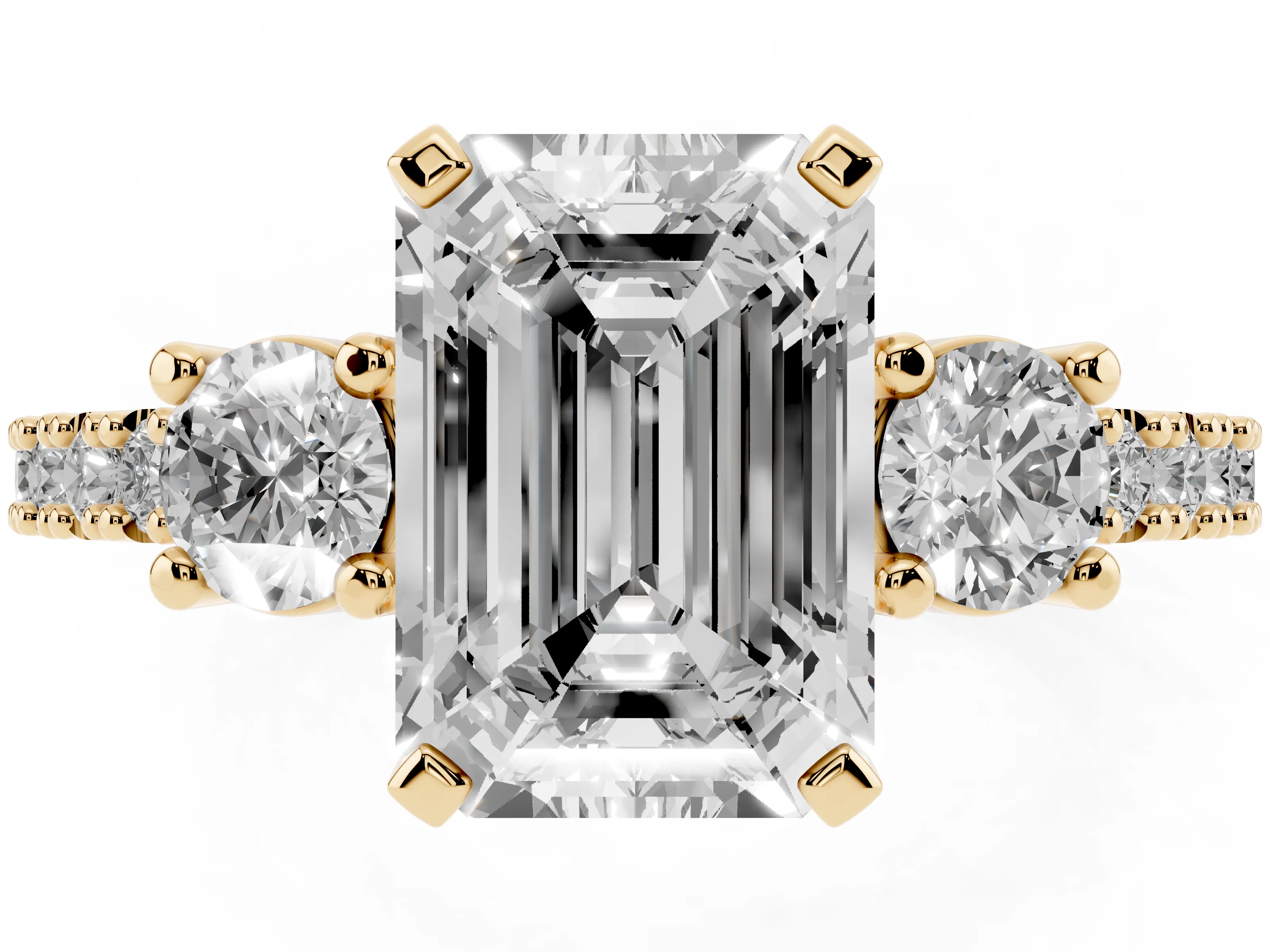 Three-Stone Emerald Cut Diamond Pavé Band Ring Set in Yellow gold with Prong Setting