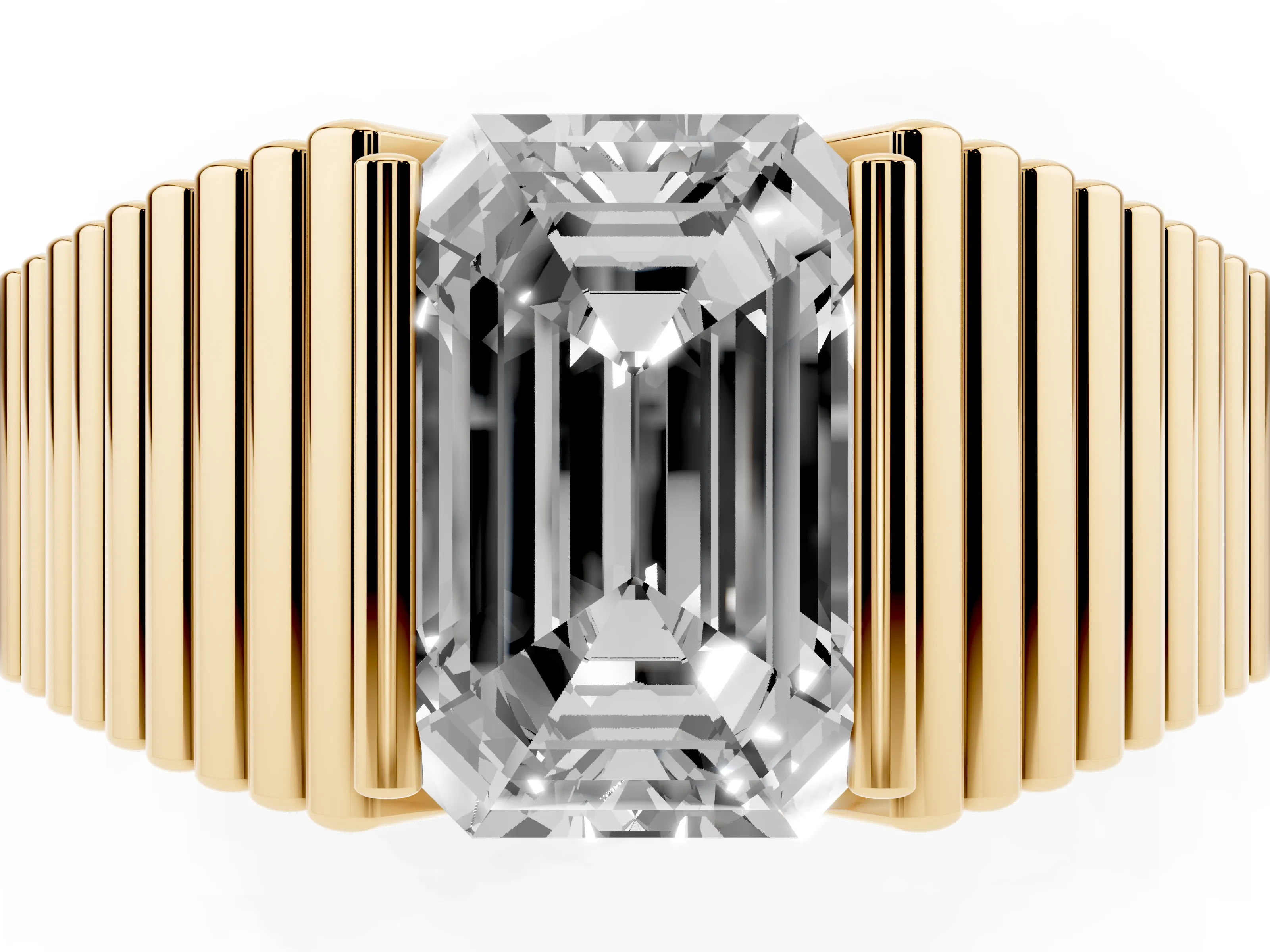 Emerald Cut Diamond Mens Ring Set in Yellow gold with Fluted Band