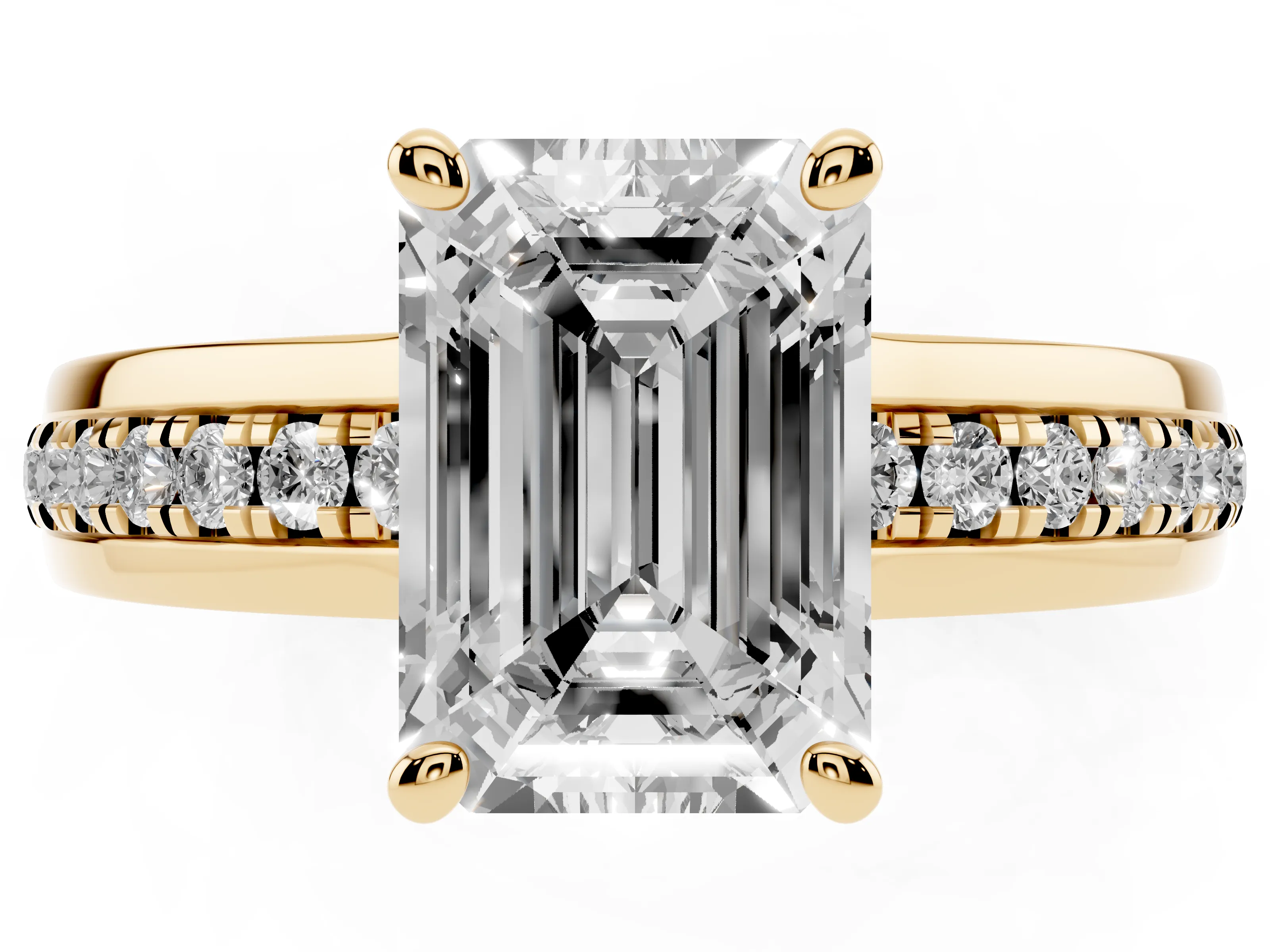 Emerald Cut Diamond Solitaire Ring Set in Yellow gold with Channel Set Band and Prong Setting