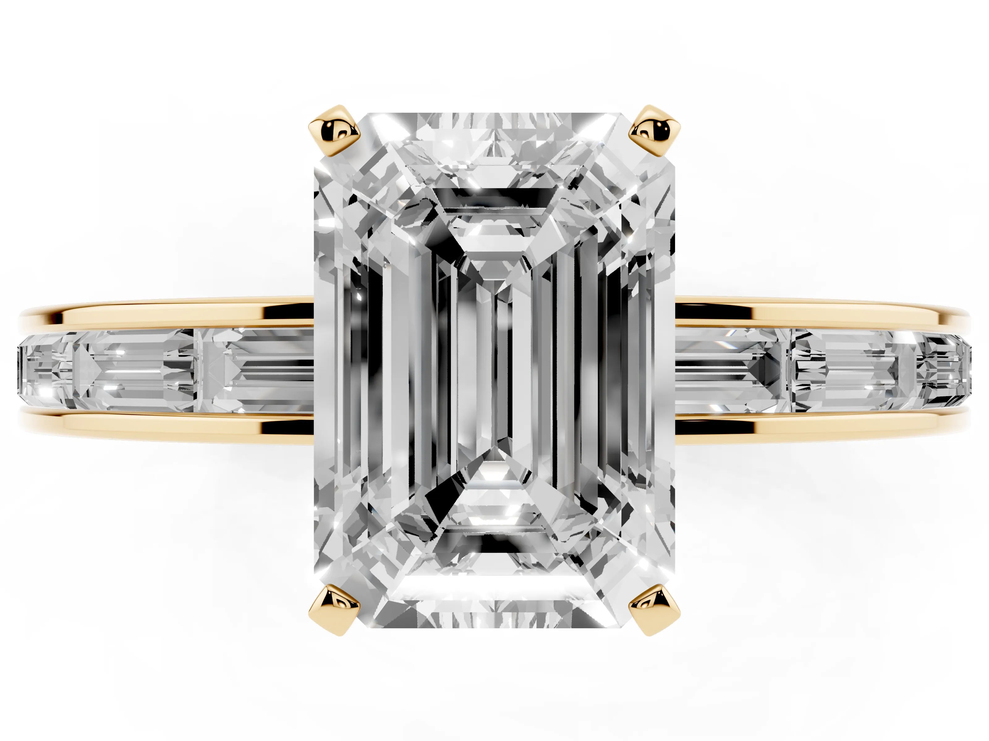 Emerald Cut Diamond Solitaire Ring Set in Yellow gold with Channel-Set Baguette Band and Prong Setting