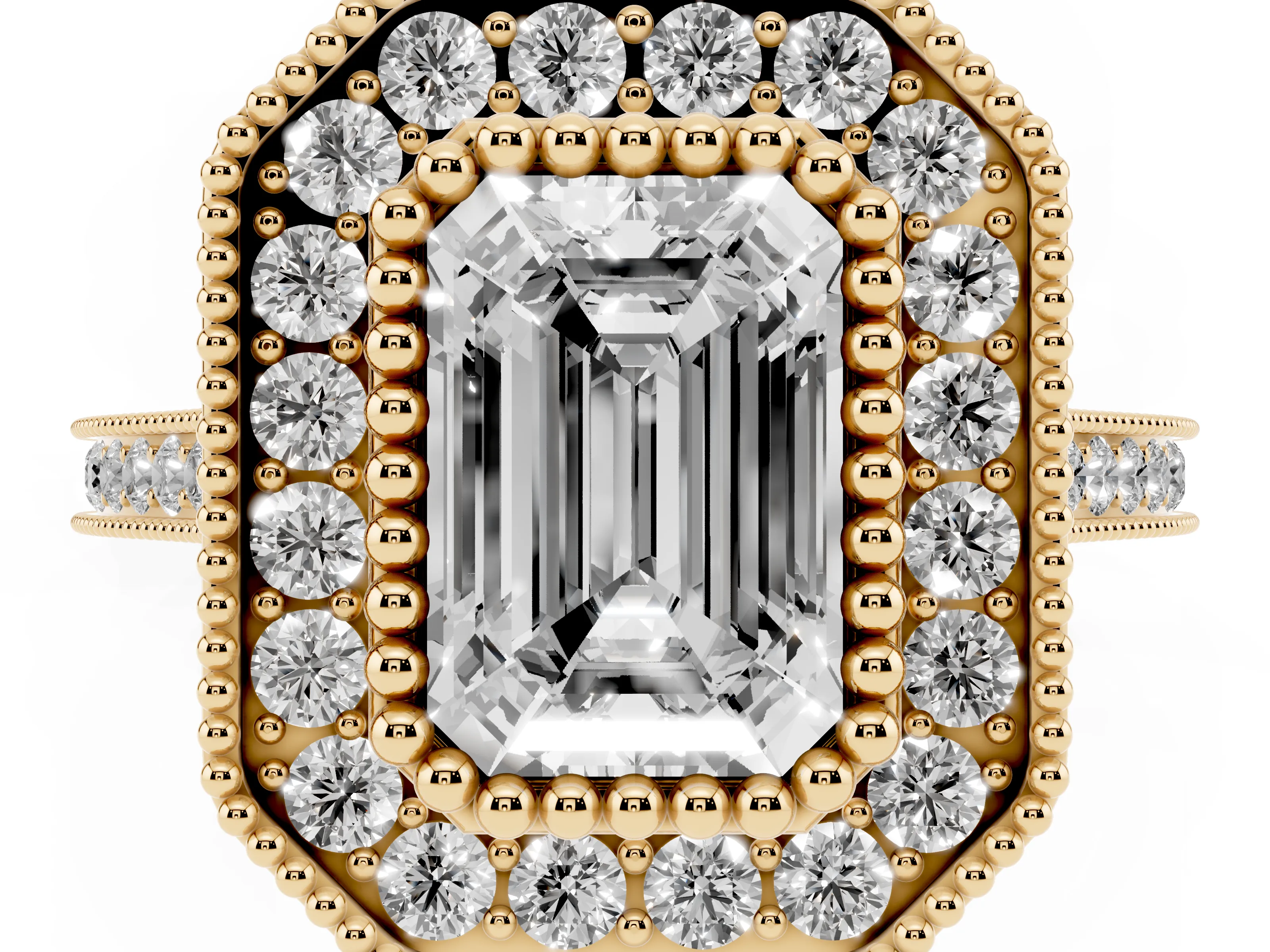 Emerald Cut Diamond Halo Ring Set in Yellow gold with Milgrain Frame and Pavé Band
