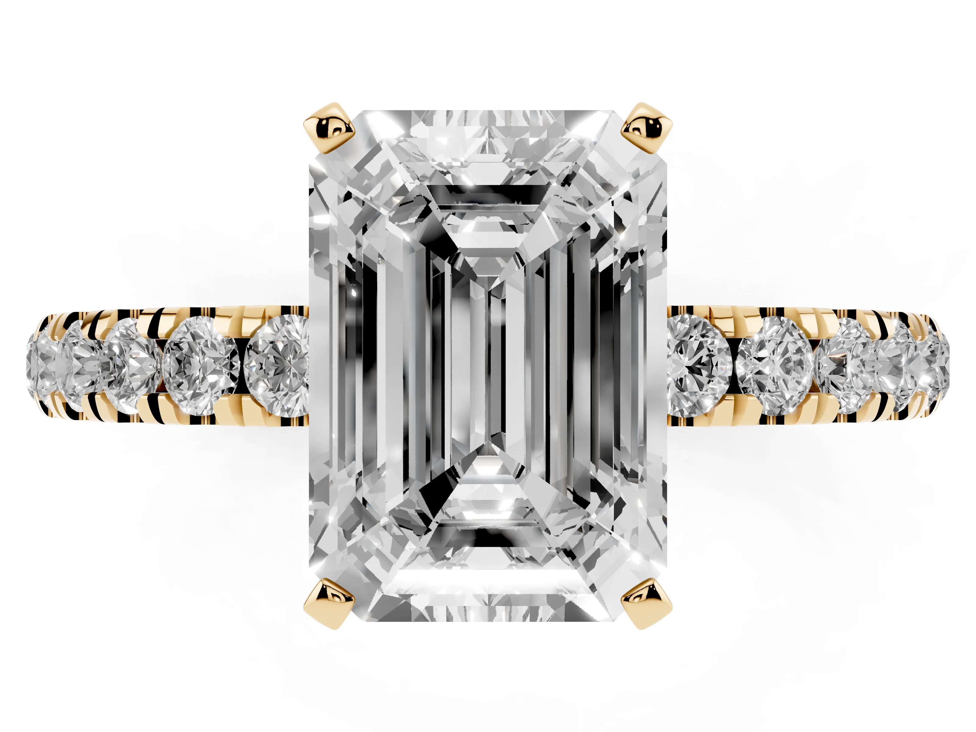 Emerald Cut Diamond Solitaire Ring Set in Yellow gold with Pavé Accents and Prong Setting