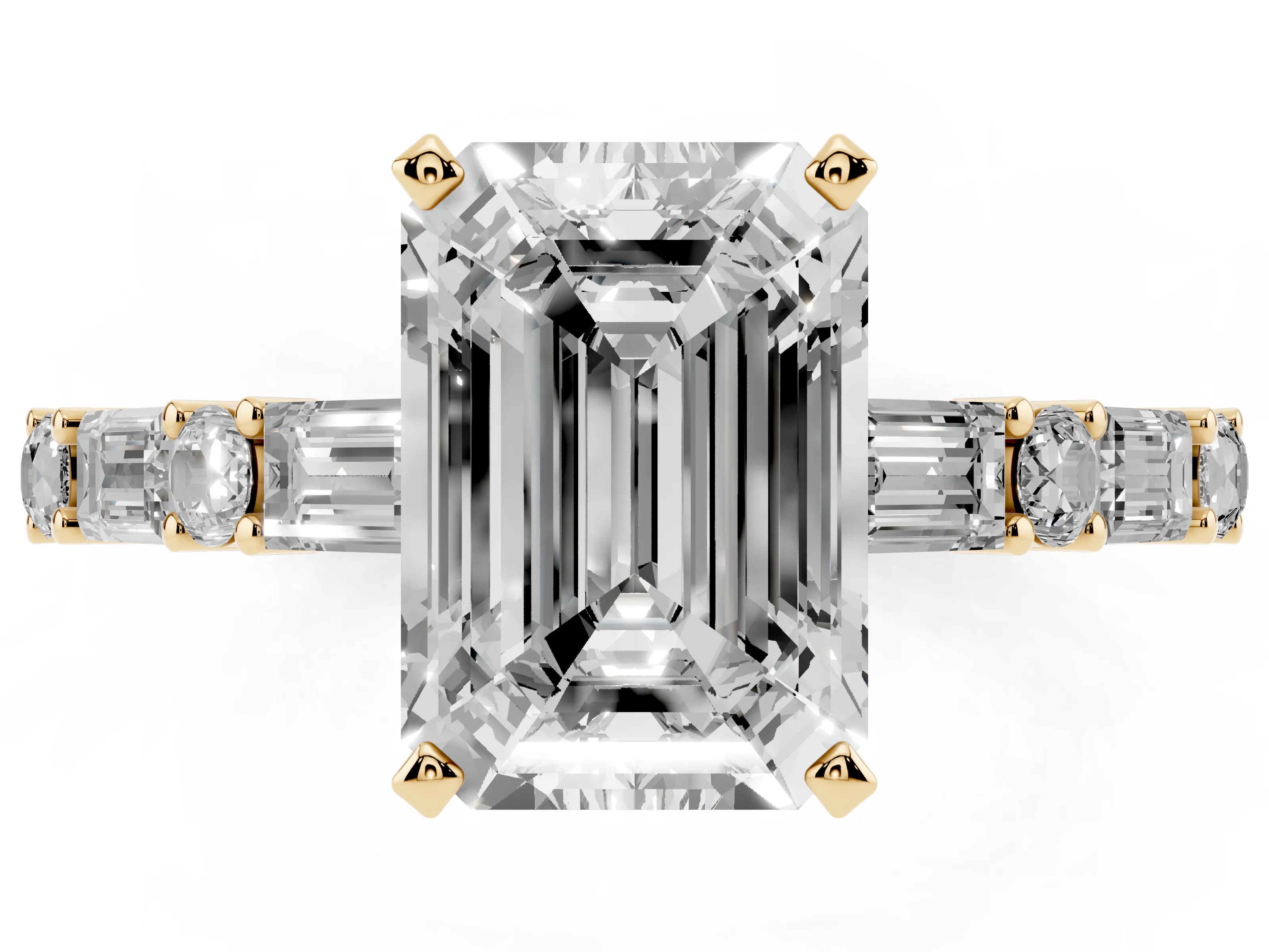 Emerald Cut Diamond Solitaire Set in Yellow gold with Side Baguettes and Channel Set Band