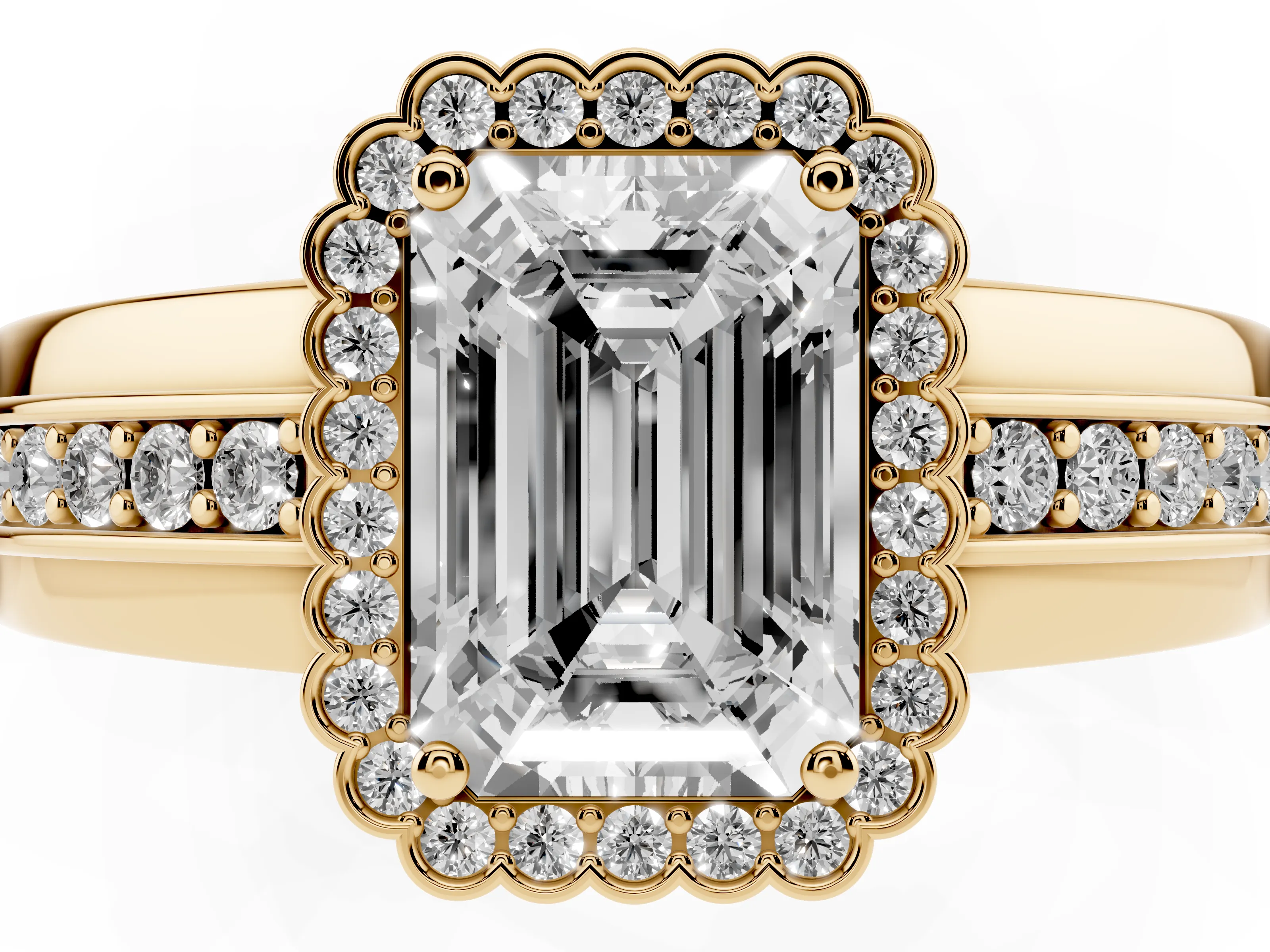 Emerald Cut Diamond Halo Prong Ring Set in Yellow gold with Pavé Band