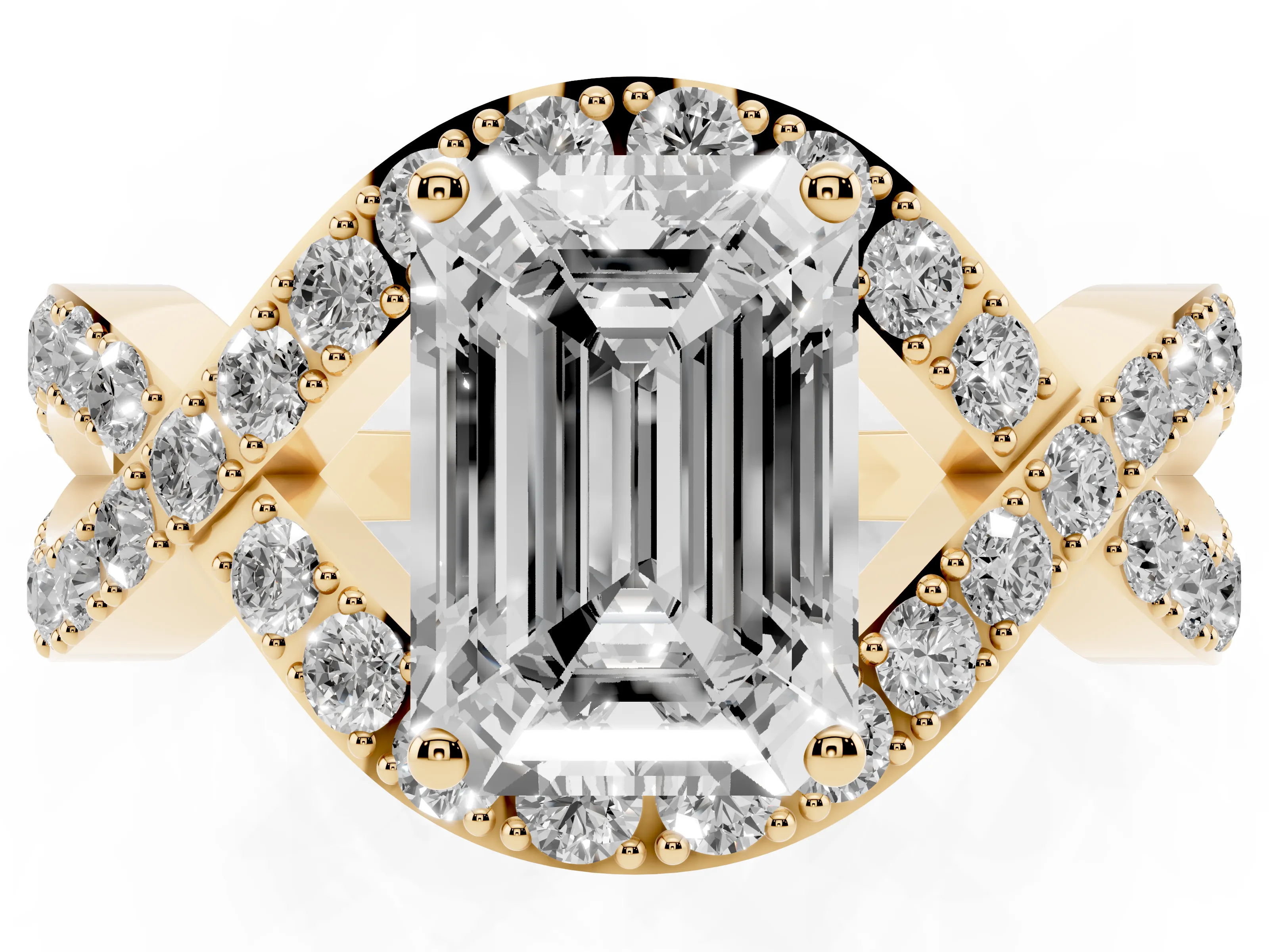 Emerald Cut Diamond Solitaire Twist Band Pavé Engagement Ring Set in Yellow gold