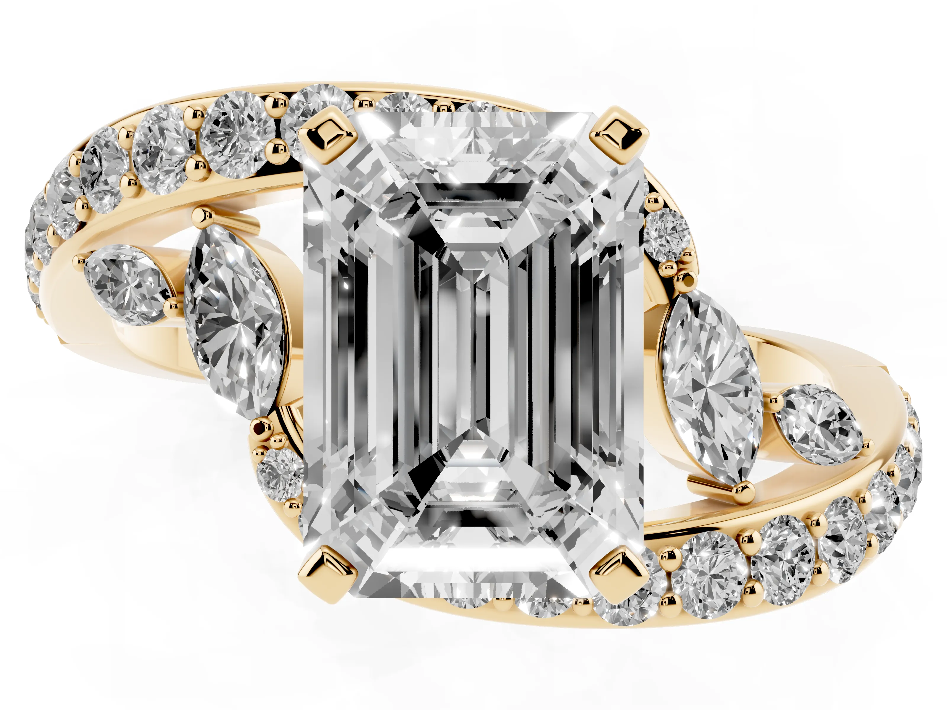 Emerald Cut Diamond Solitaire Ring Set in Yellow gold with Pavé Twist Band and Secure Prong Setting