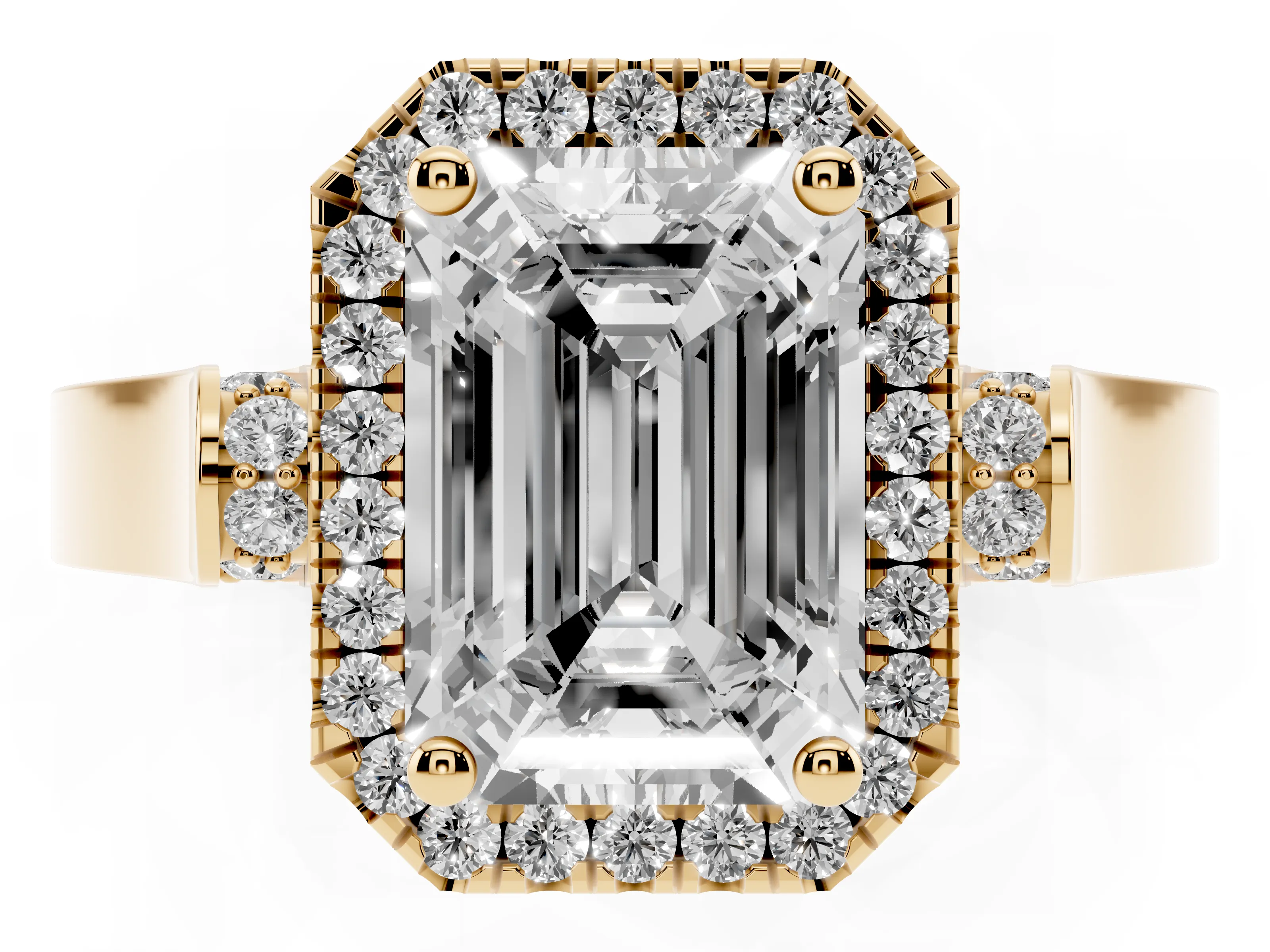 Emerald Cut Diamond Halo Ring Set in Yellow gold with Pavé-Lined Split Shank Band