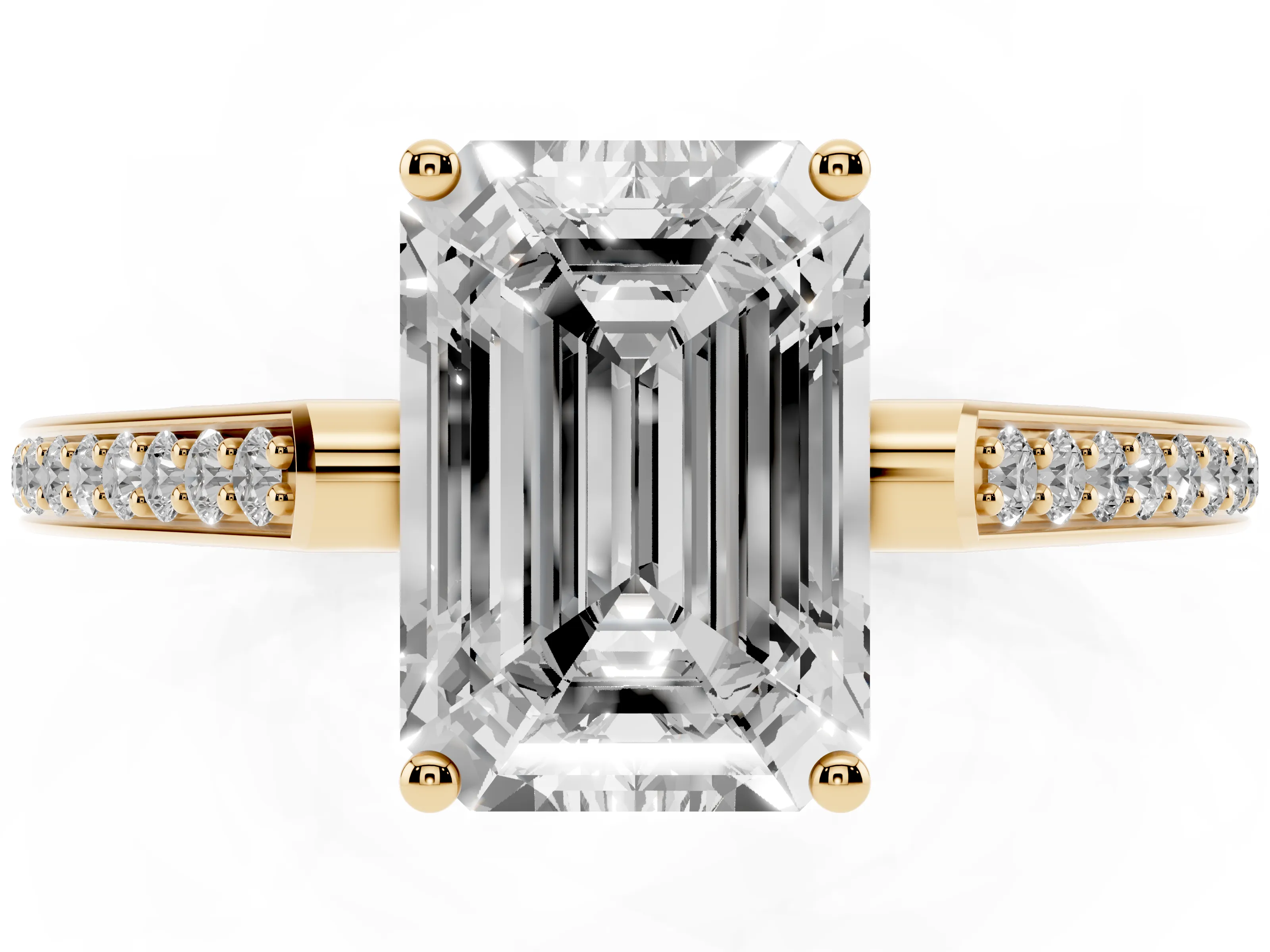 Emerald Cut Diamond Cathedral Pavé Engagement Ring Set in Yellow gold with Prong Setting