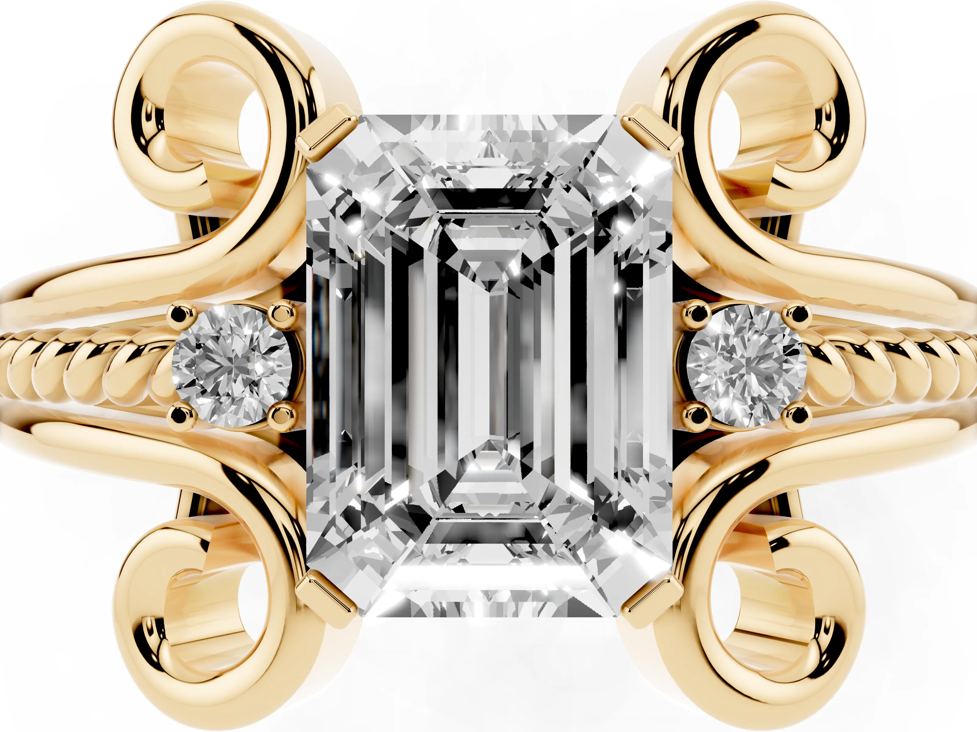 Emerald Cut Diamond Twisted Band Solitaire Ring Set in Yellow gold with Scroll Prongs