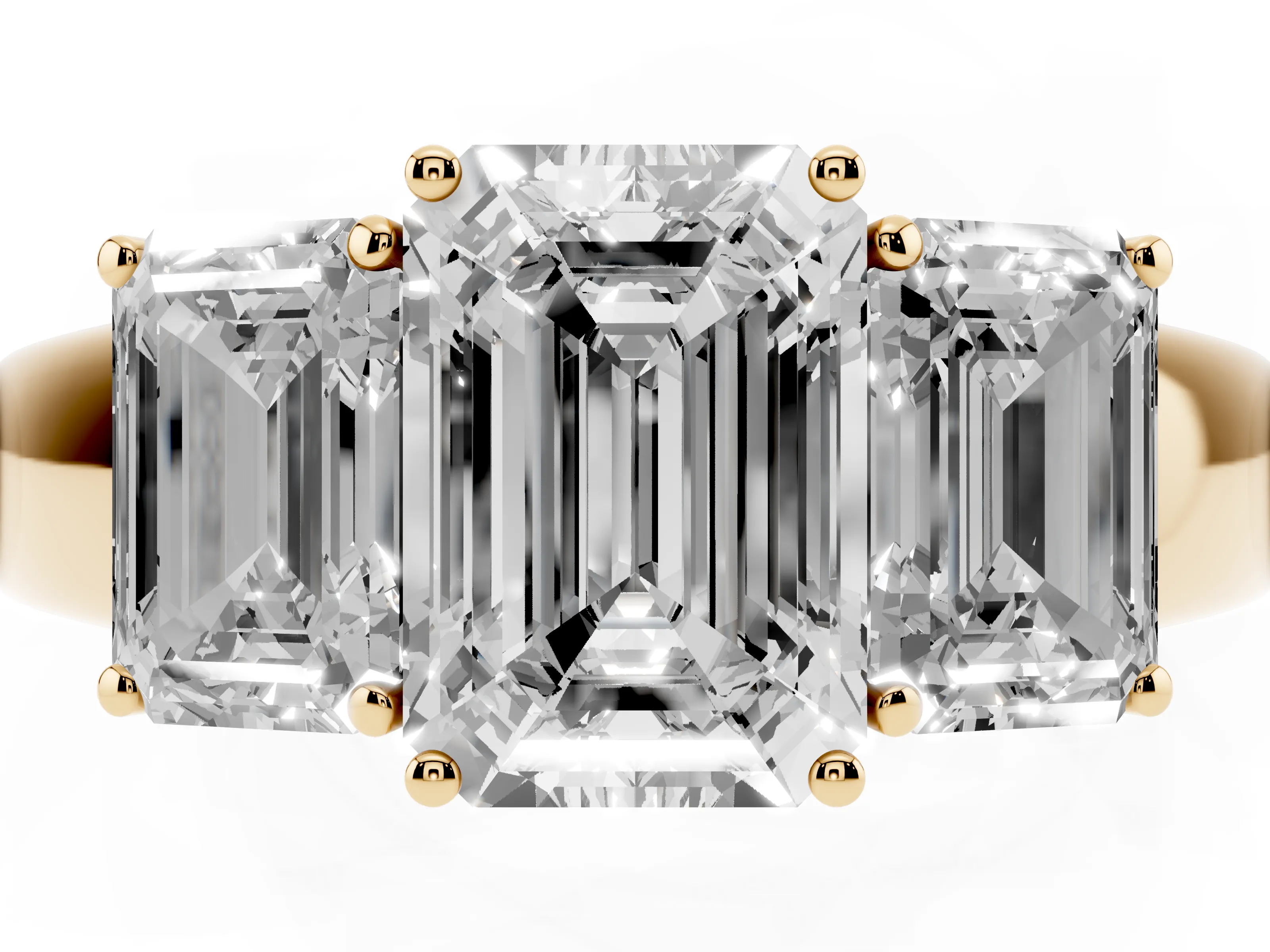 Three-Stone Emerald Cut Diamond Ring Set in Yellow gold with Matching Prong Settings and Plain Band