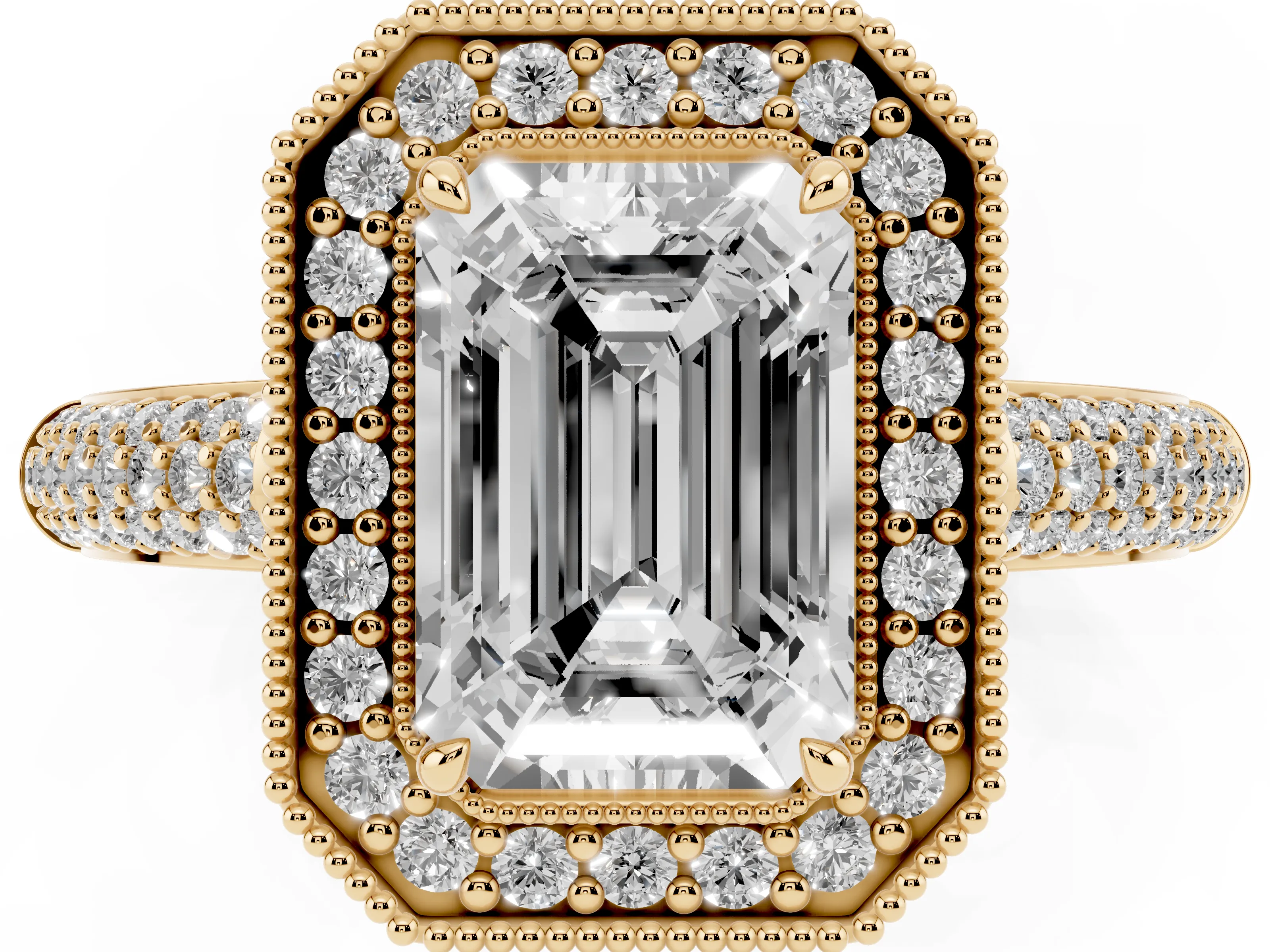 Emerald Cut Diamond Halo Pavé Band Set in Yellow gold with Prong Setting