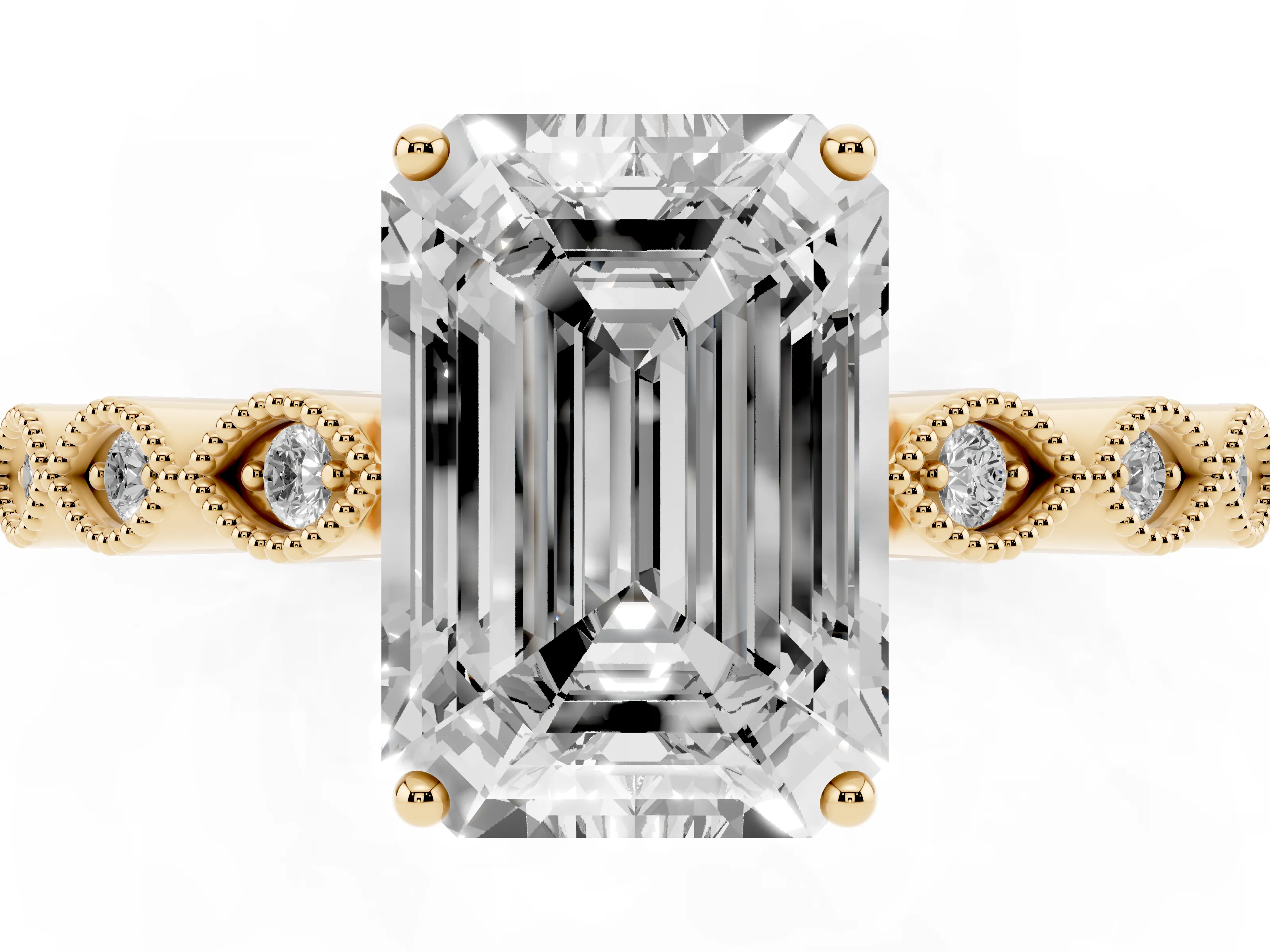 Emerald Cut Diamond Solitaire Ring Set in Yellow gold with Infinity Twist Pavé Band