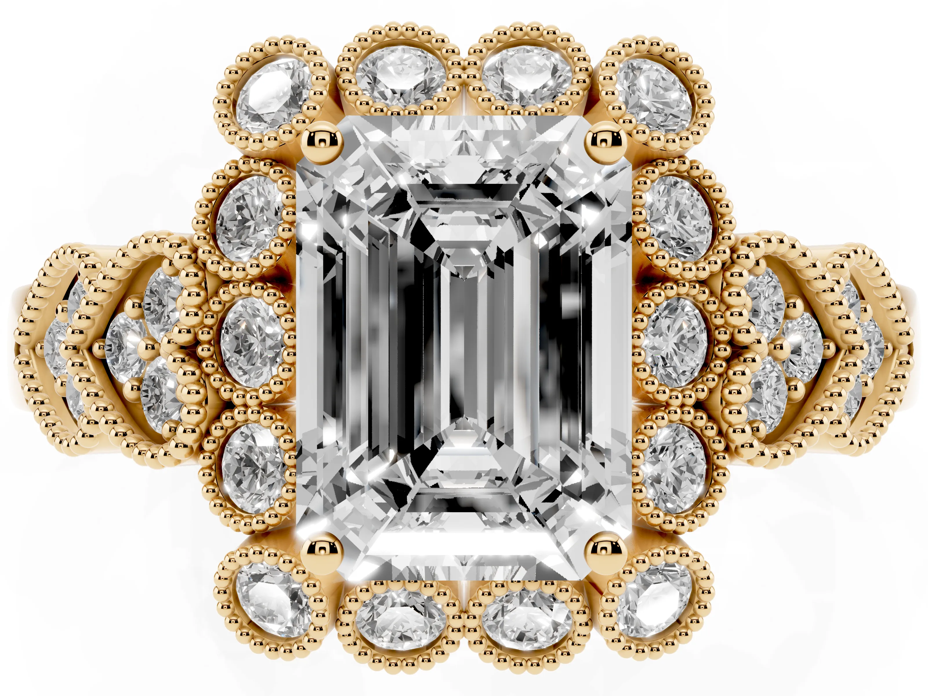 Emerald Cut Diamond Solitaire Ring Set in Yellow gold with Milgrain Pavé Heart Band