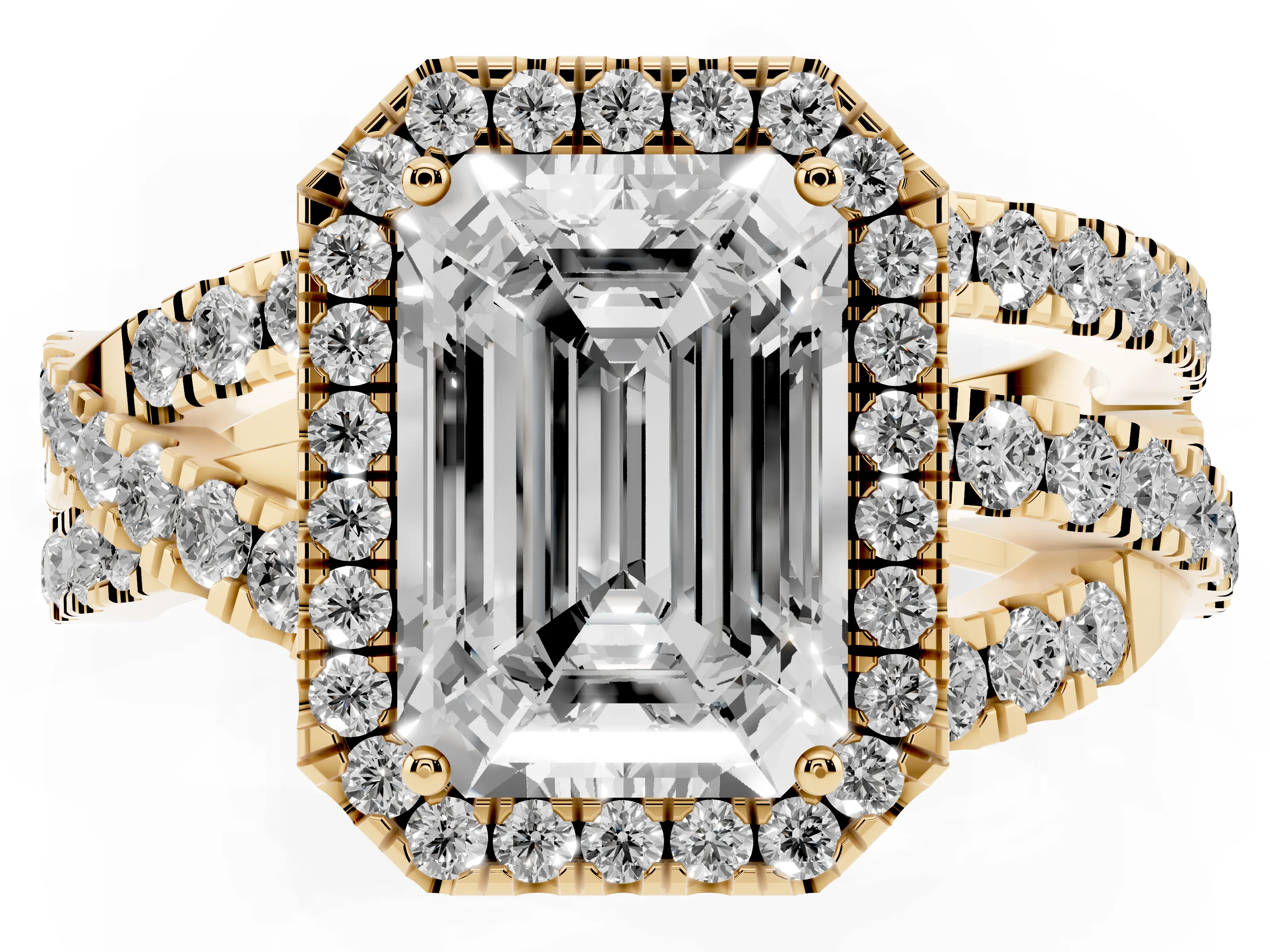 Emerald Cut Diamond Halo Ring Set in Yellow gold with Round Crossover Split Shank and Prong Setting