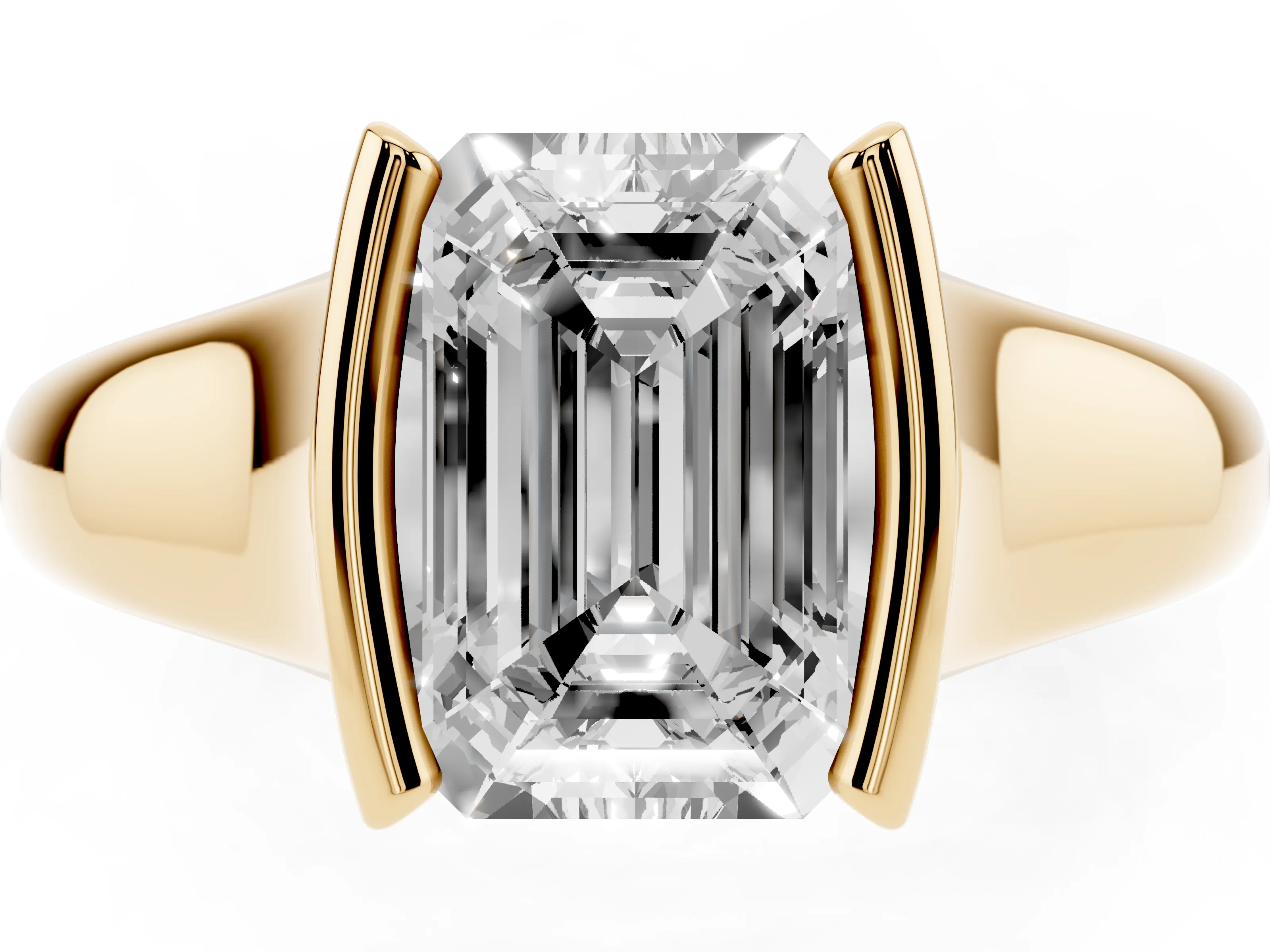 Emerald Cut Diamond Solitaire Tension Set Ring Set in Yellow gold with Split Shank Band