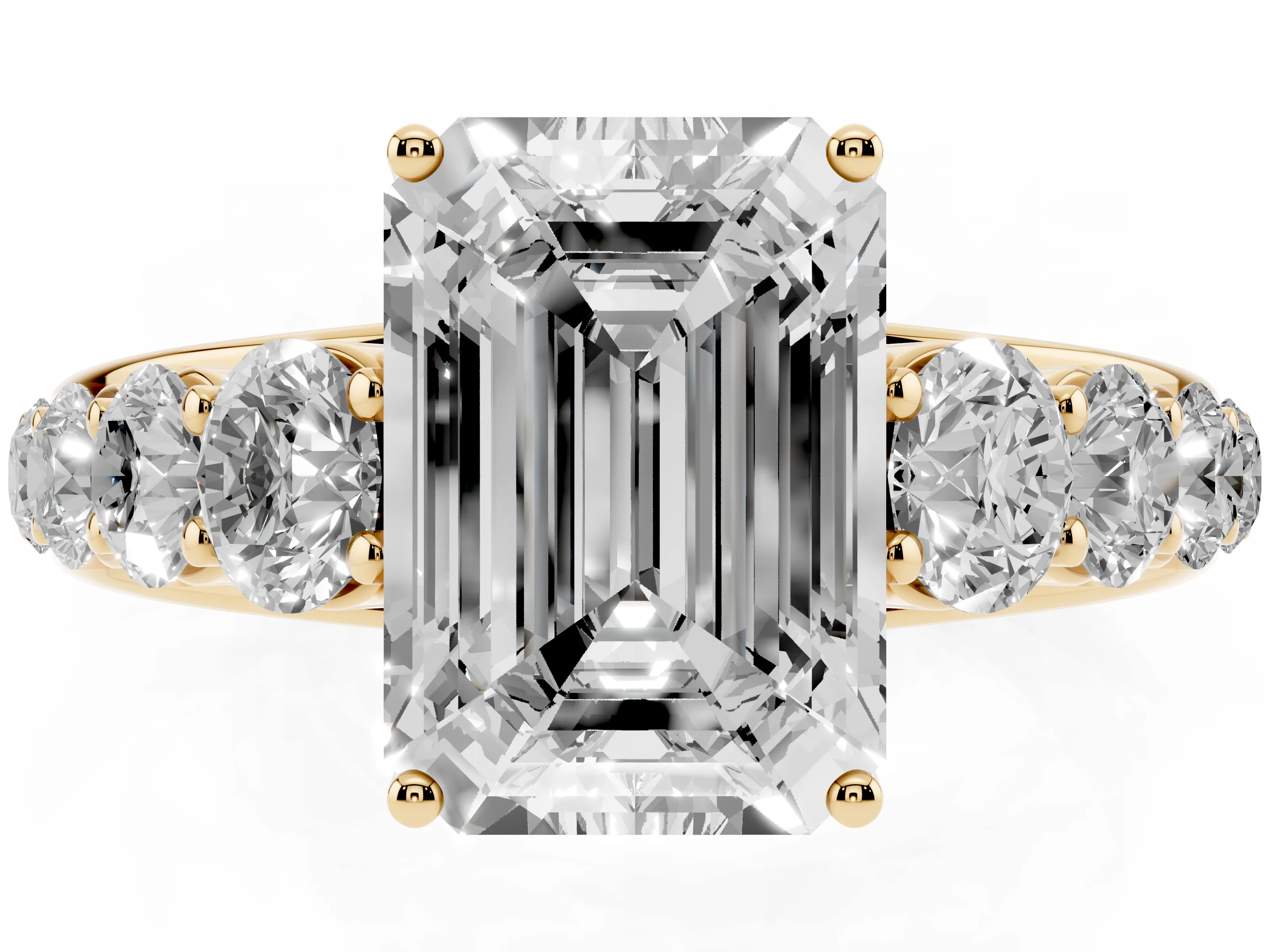 Emerald Cut Diamond Solitaire Ring Set in Yellow gold with Pavé-Set Band and Prong Setting