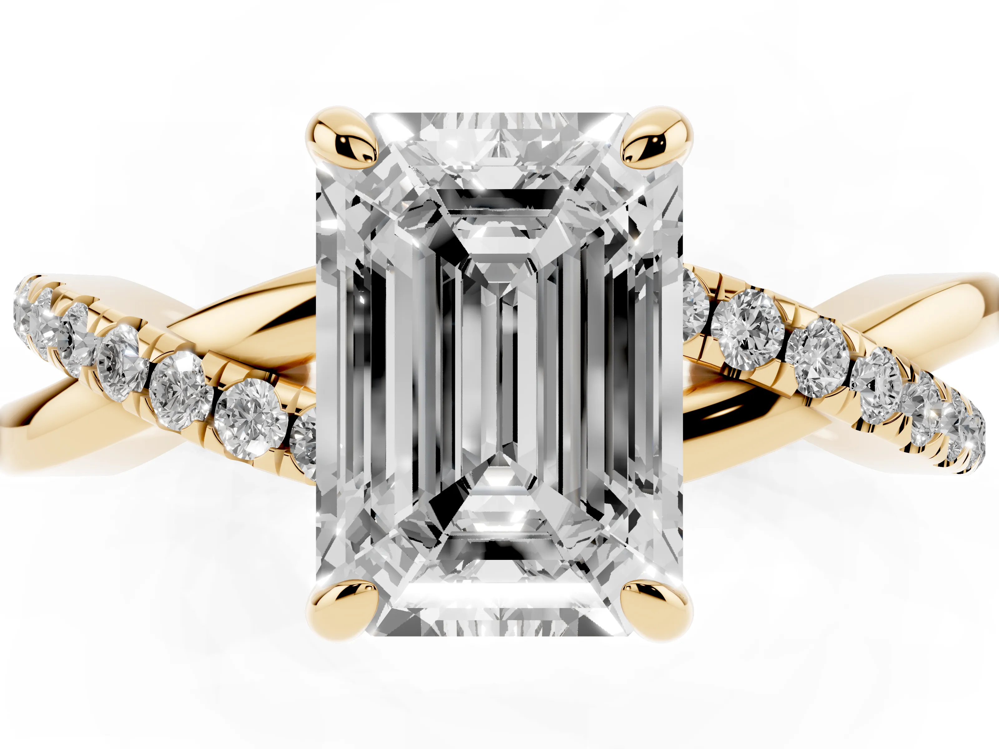 Emerald Cut Diamond Twist Band Pavé Solitaire Ring Set in Yellow gold with Prong Setting