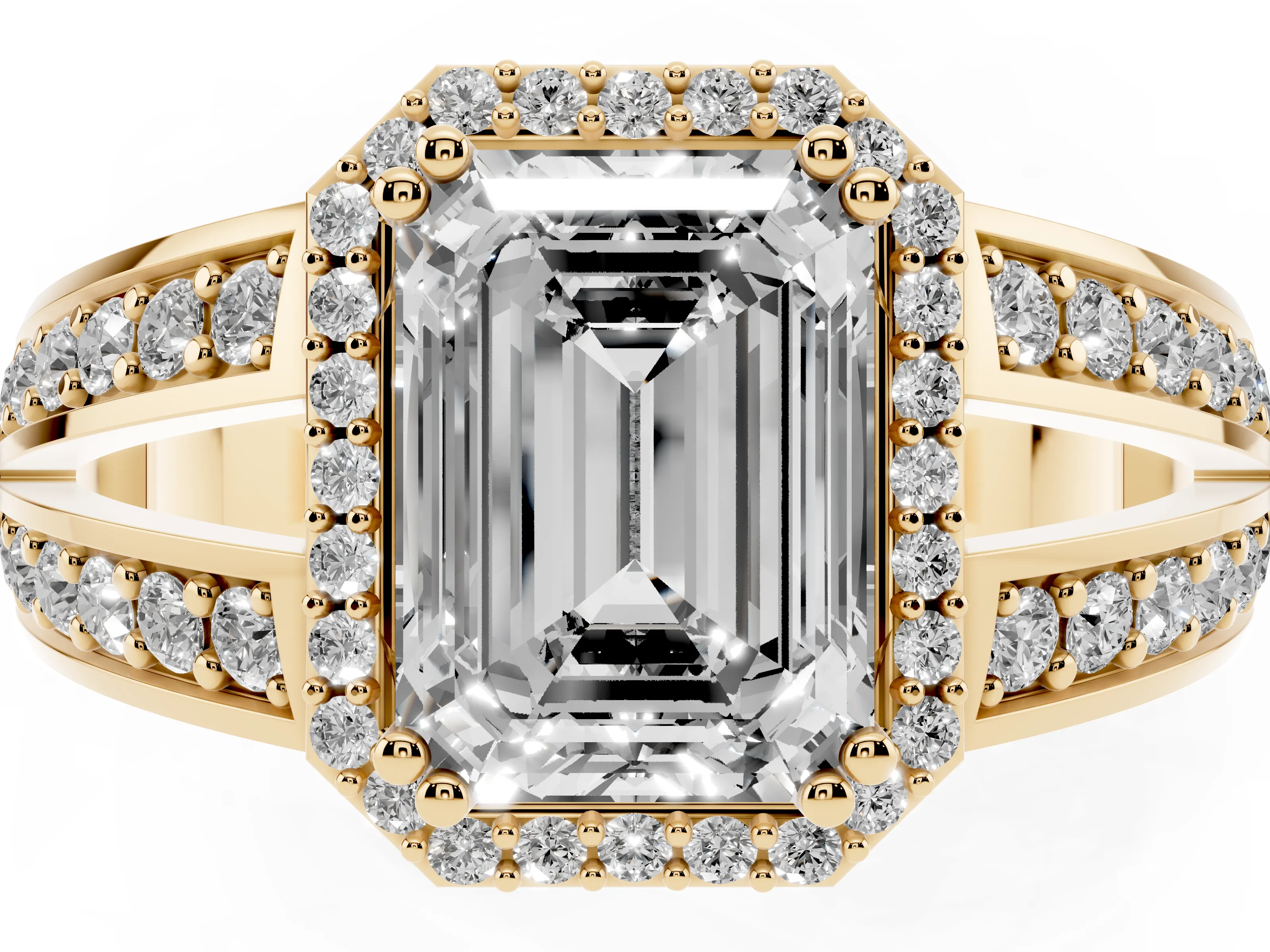 Emerald Cut Diamond Halo Ring Set in Yellow gold with Double Pavé Split Shank
