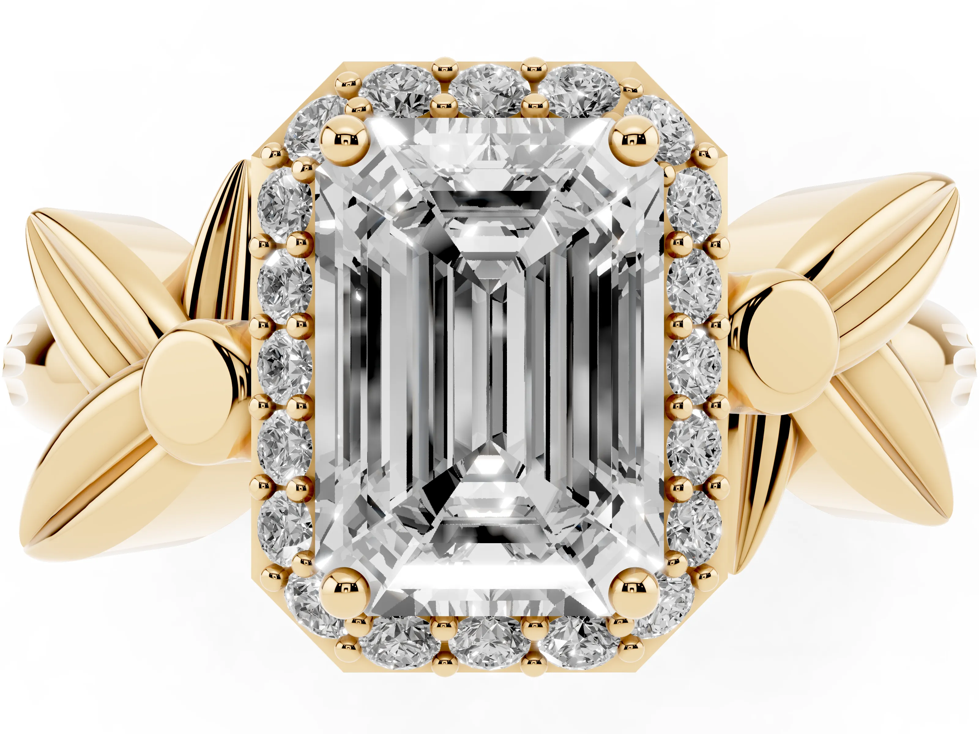 Emerald Cut Diamond Halo Floral Band Ring Set in Yellow gold with Prong Setting