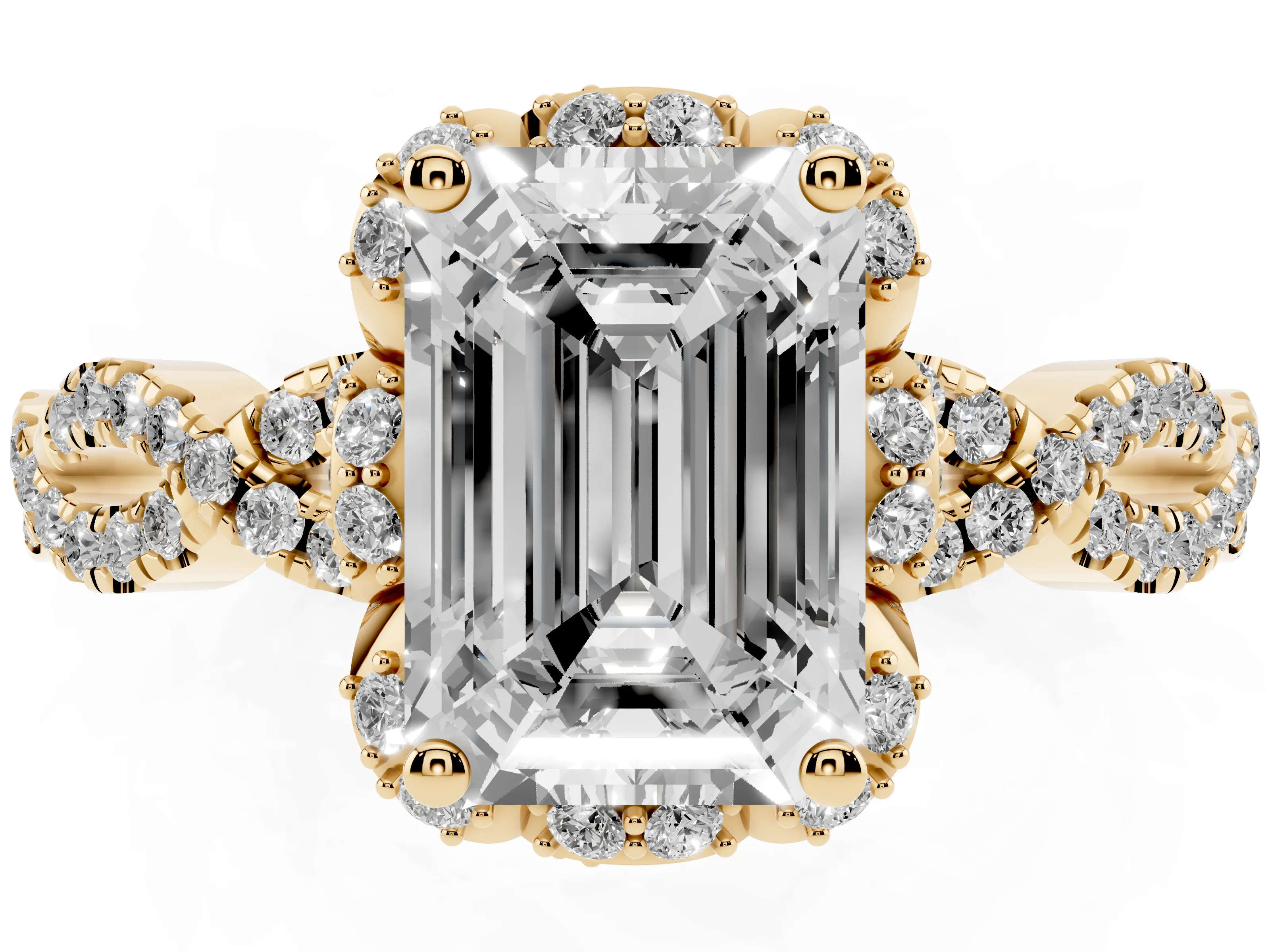 Emerald Cut Diamond Halo Twist Band Solitaire Ring Set in Yellow gold with Prong-Set Center Stone