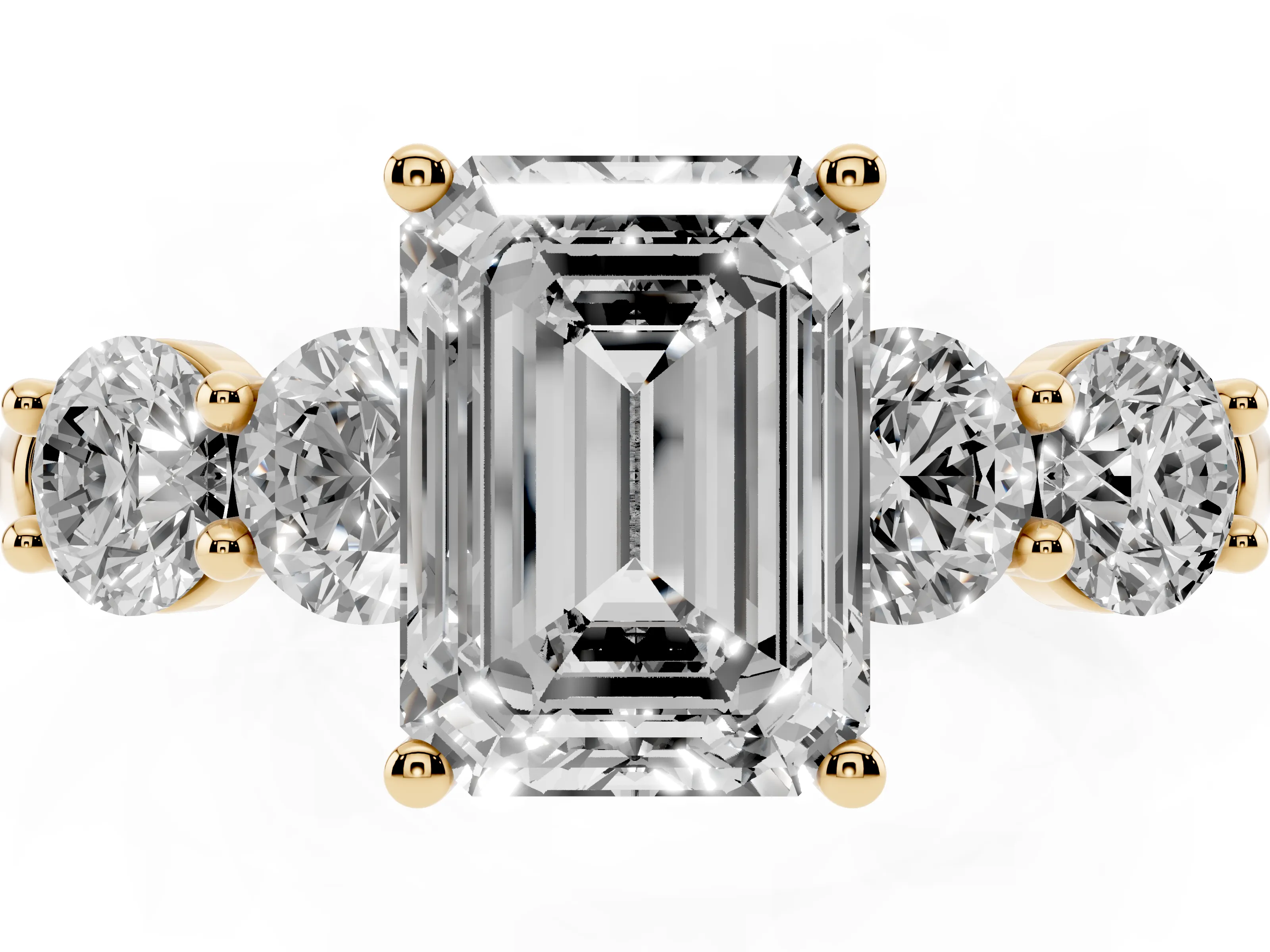 Emerald Cut Diamond Five-Stone Prong Set Ring Set in Yellow gold with Classic Band