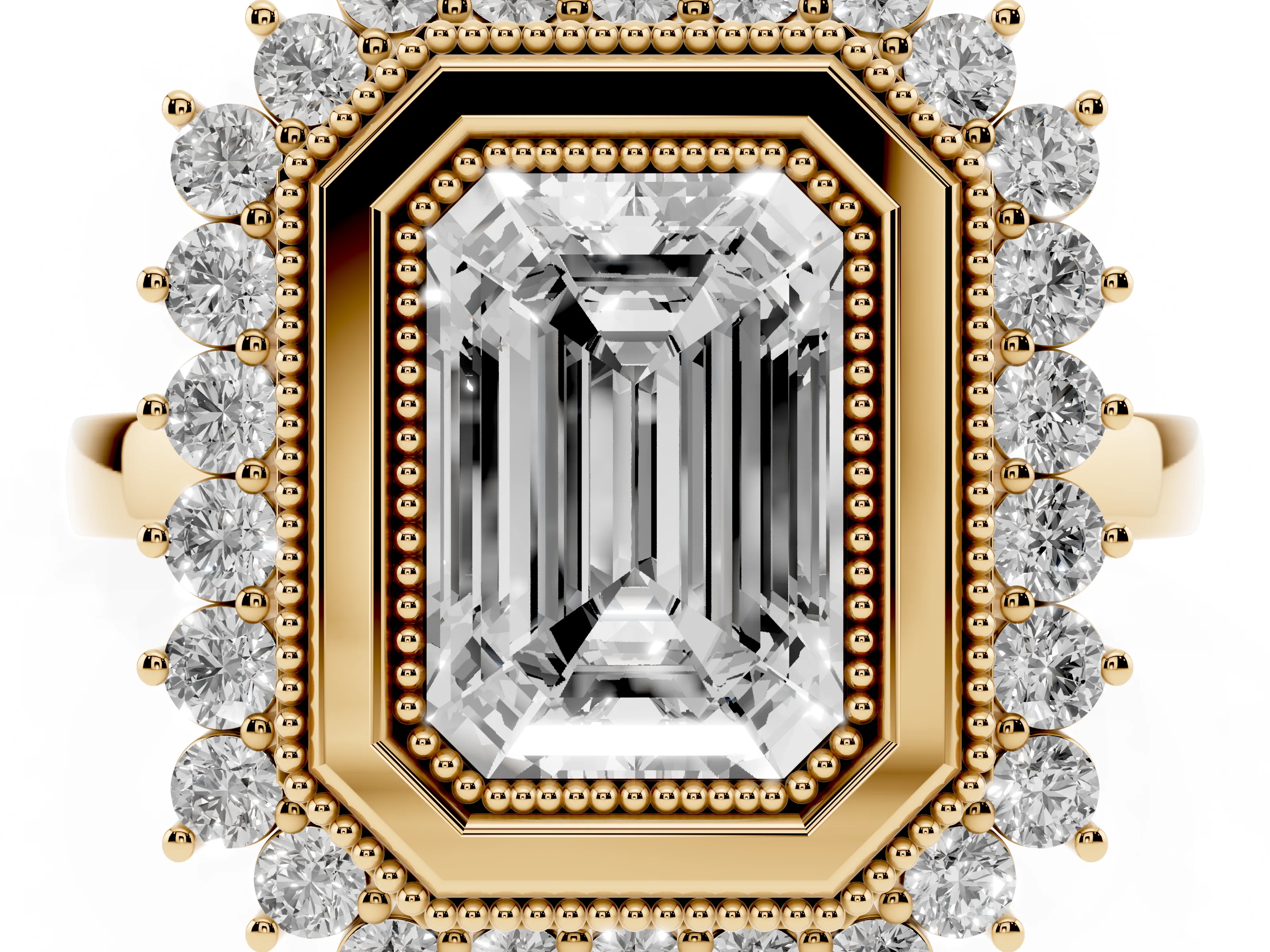 Emerald Cut Diamond Halo Ring Set in Yellow gold with Milgrain Edge and Round Prong Setting