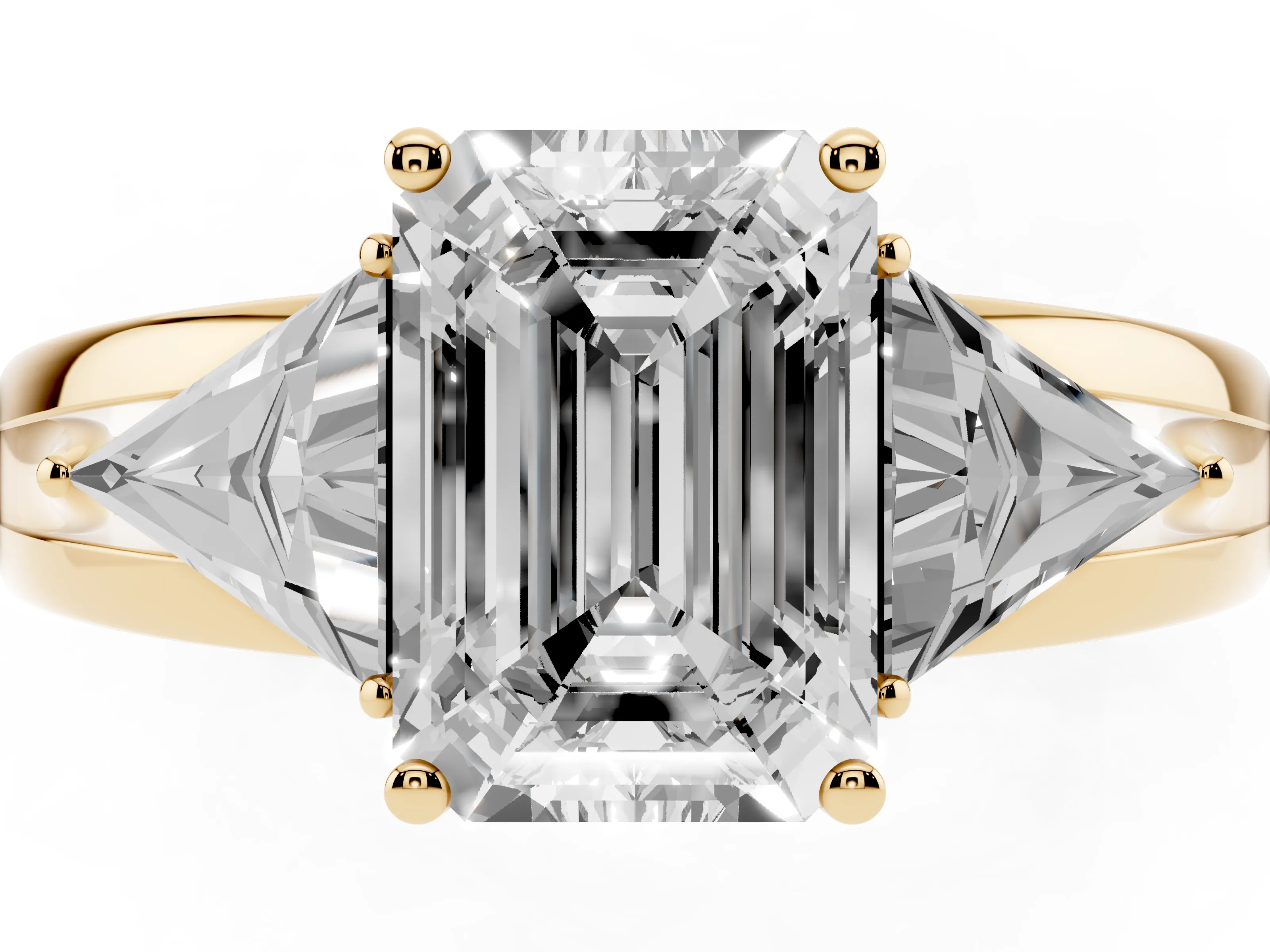Emerald Cut Diamond Three-Stone Ring Set in Yellow gold with Trillion Side Stones and Split Shank
