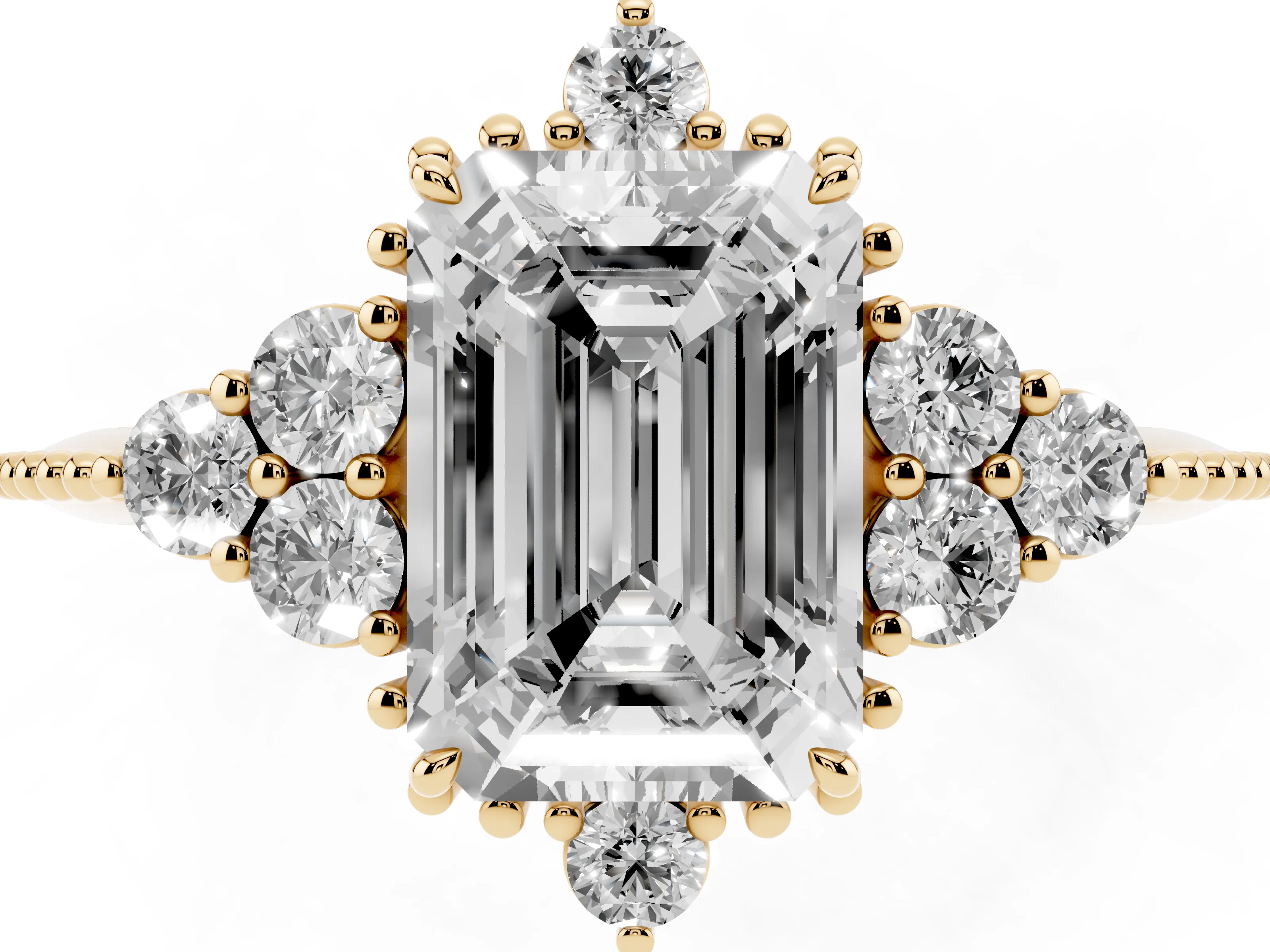 Emerald Cut Diamond Cluster Ring Set in Yellow gold with Beaded Band