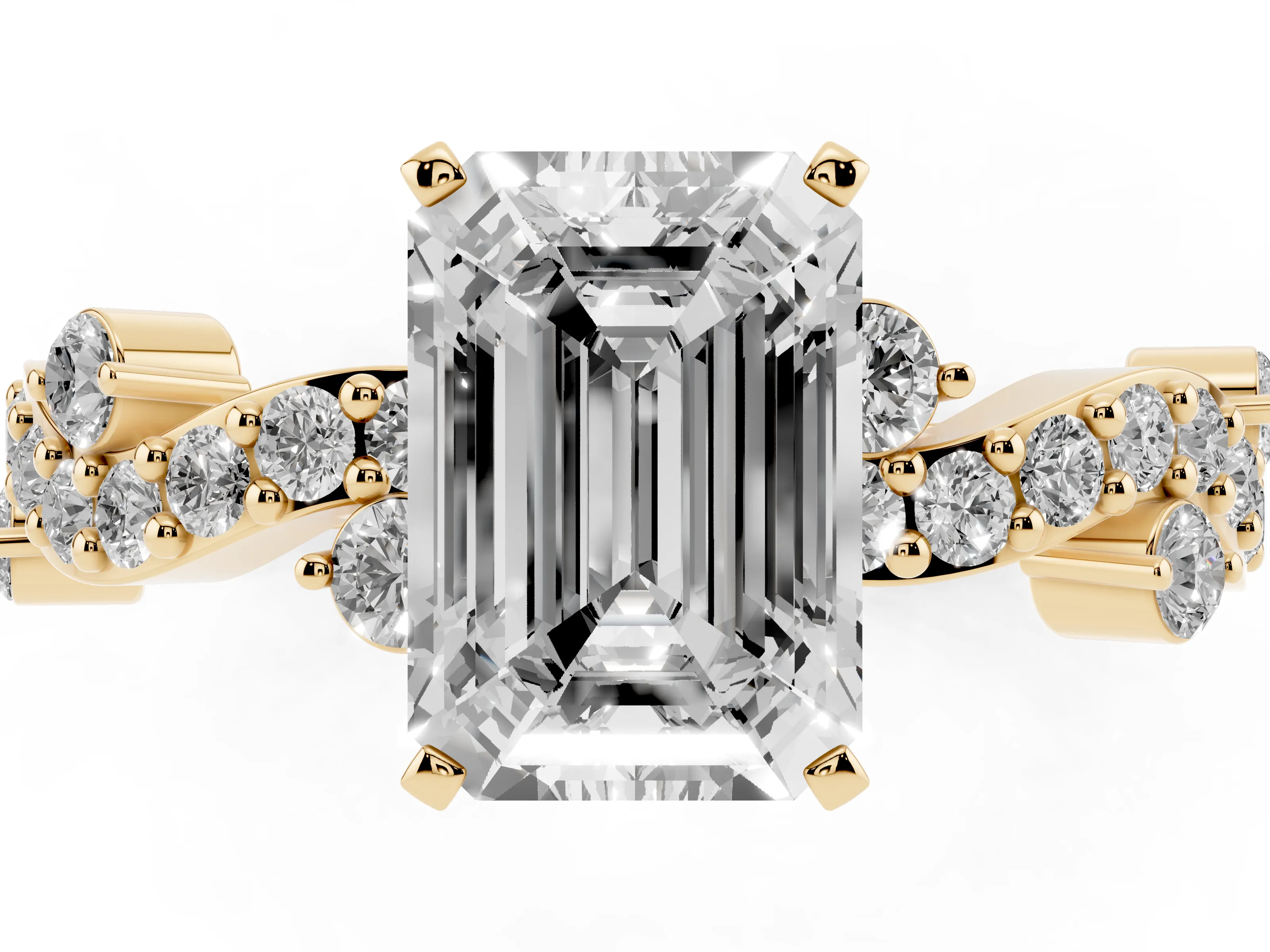 Emerald Cut Diamond Solitaire Twisted Band Set in Yellow gold with Pavé Setting