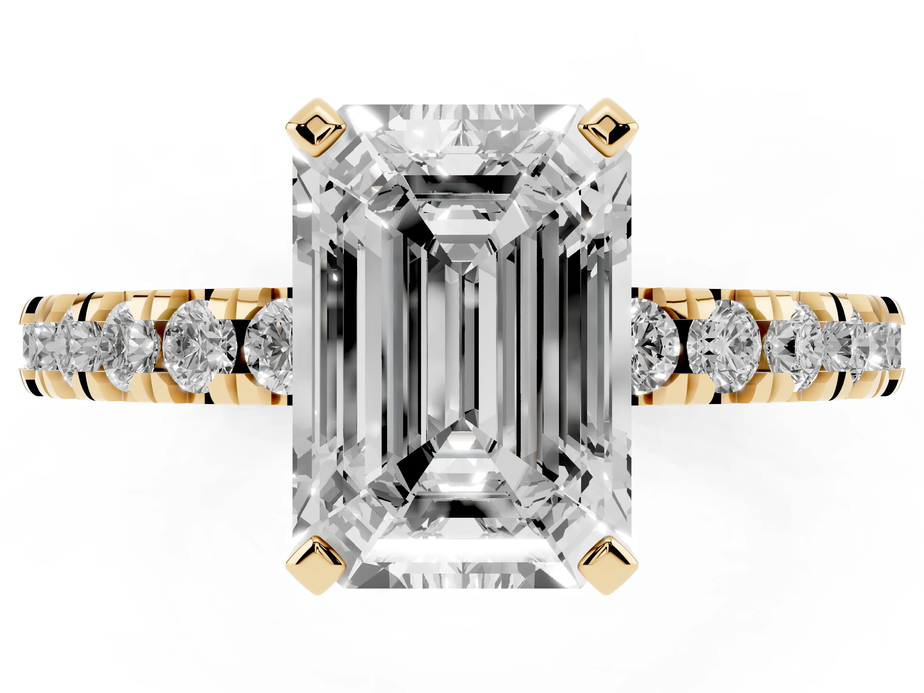 Emerald Cut Diamond Pavé Band Solitaire Set in Yellow gold with Prong Setting