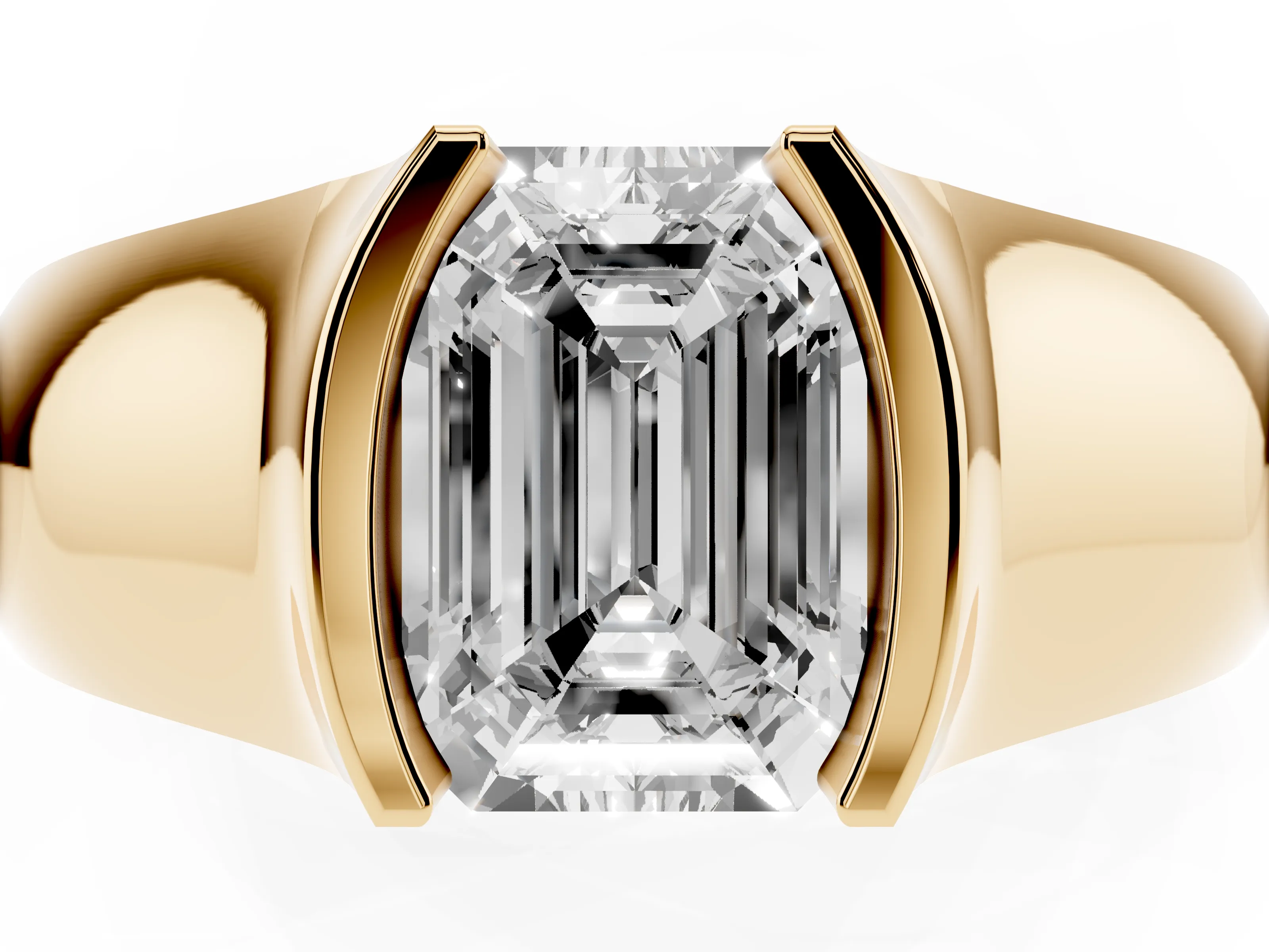 Emerald Cut Diamond Bezel Solitaire Ring Set in Yellow gold with Wide Band