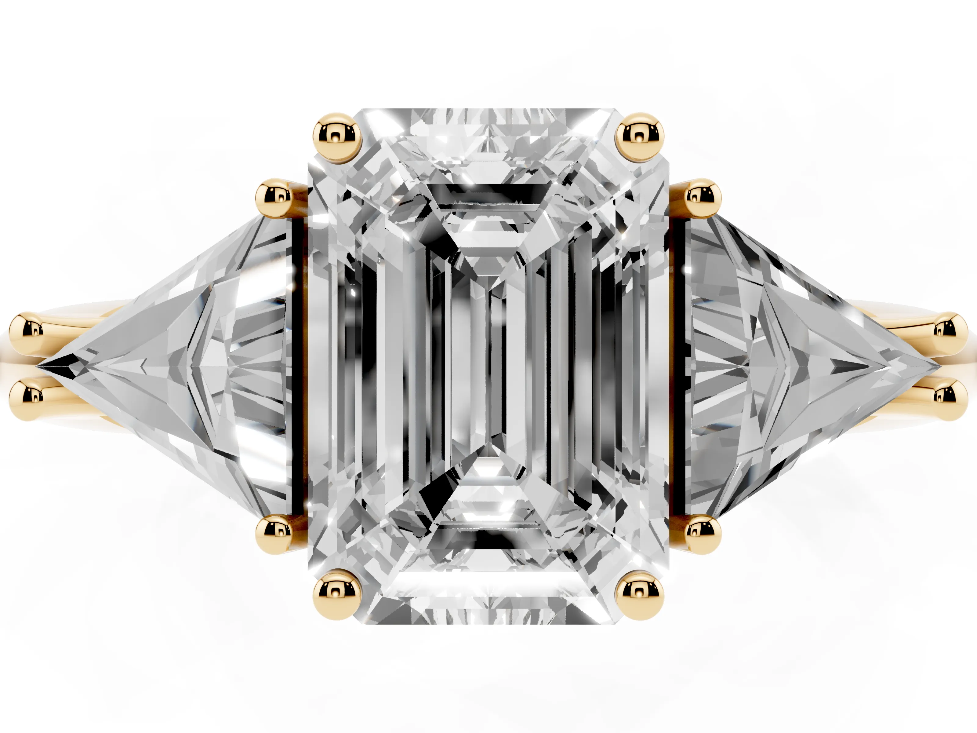Emerald Cut Diamond Three-Stone Engagement Ring Set in Yellow gold with Trillion Side Stones