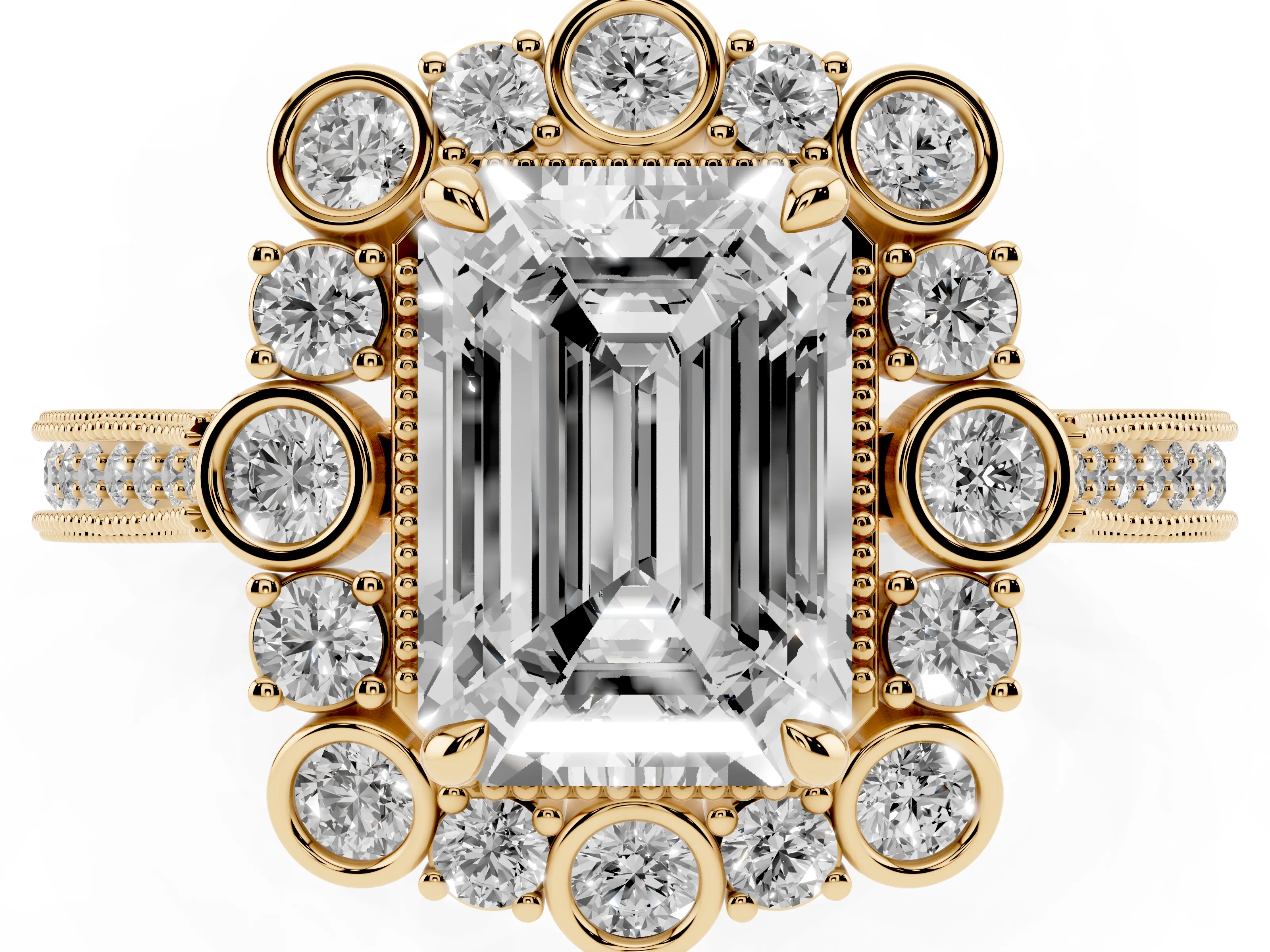 Emerald Cut Diamond Halo Milgrain Pavé Ring Set in Yellow gold with Prong Setting