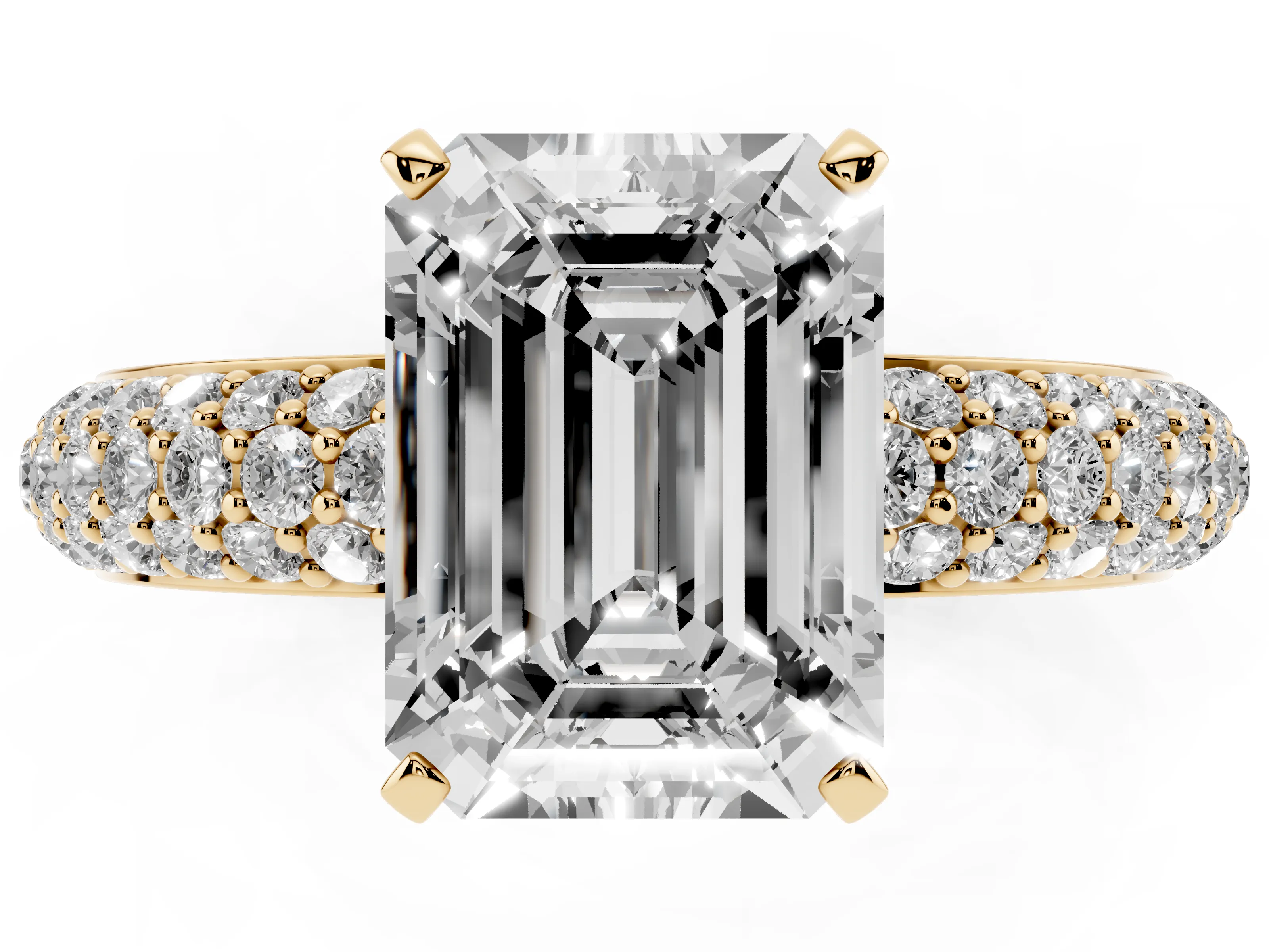Emerald Cut Diamond Solitaire Ring Set in Yellow gold with Prong Setting and Pavé-Set Band