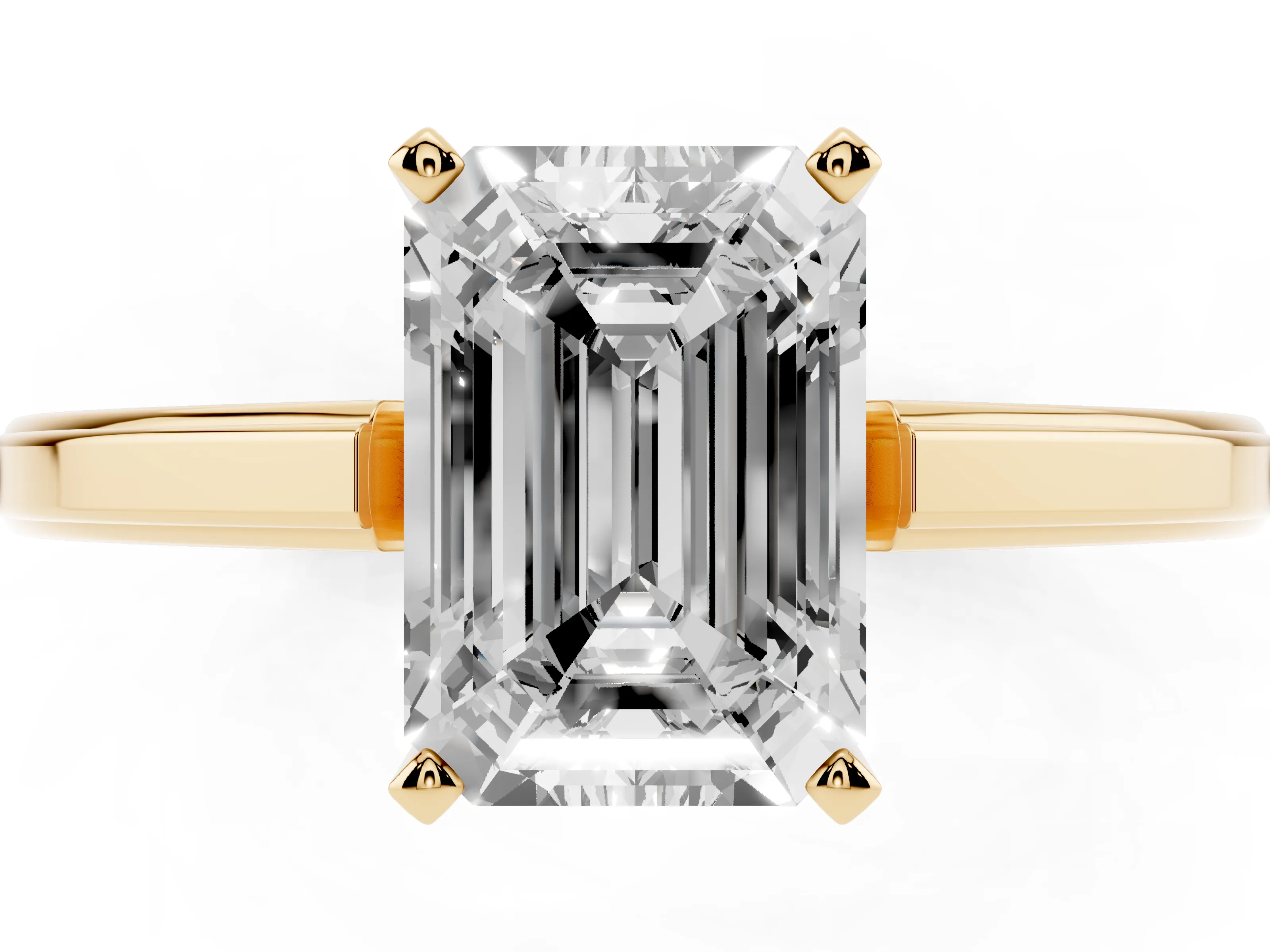 Emerald Cut Diamond Solitaire Ring Set in Yellow gold with Prong Setting and Classic Band