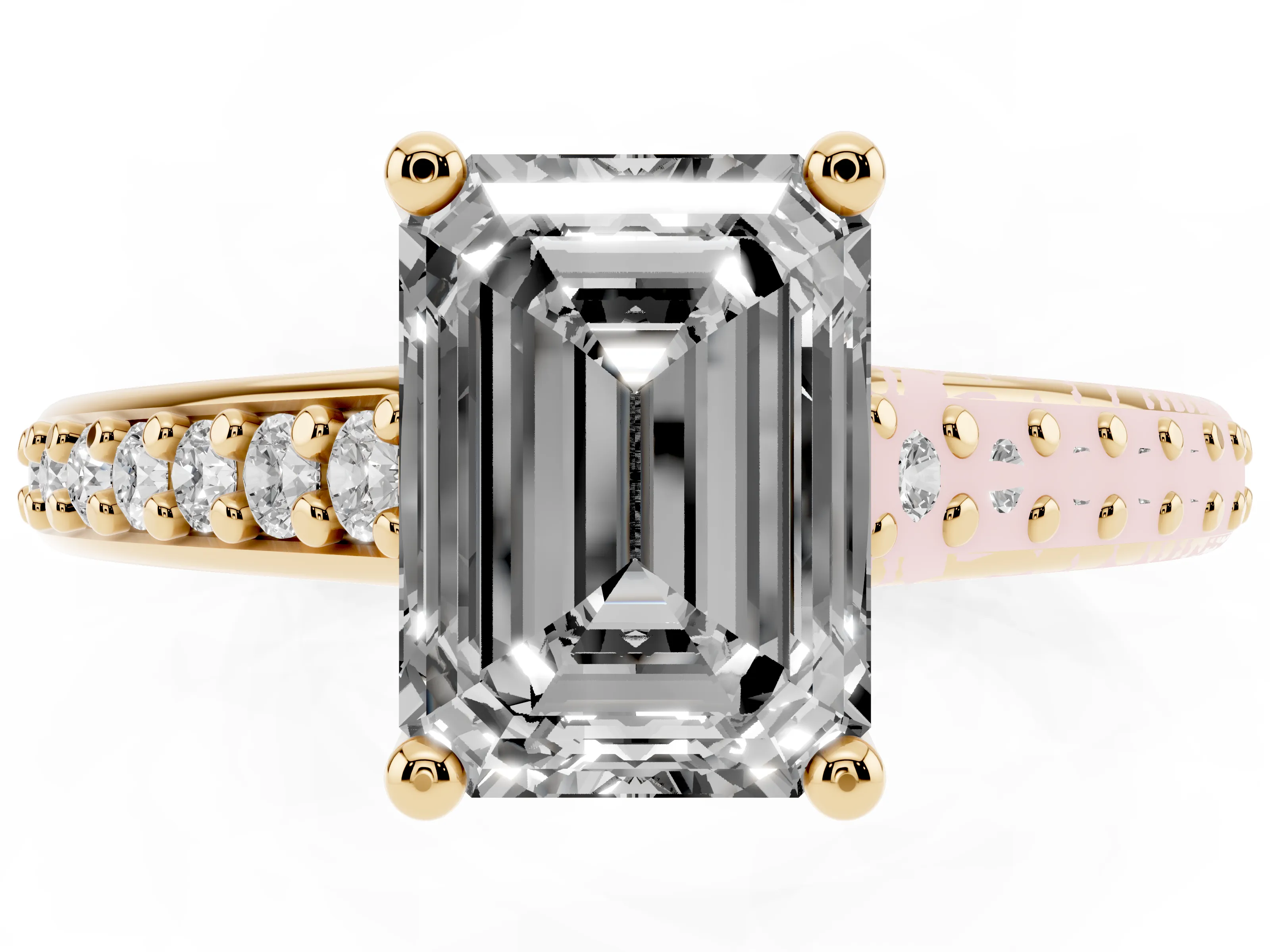 Emerald Cut Diamond Prong Set Solitaire Engagement Ring Set in Yellow gold with Pavé Band
