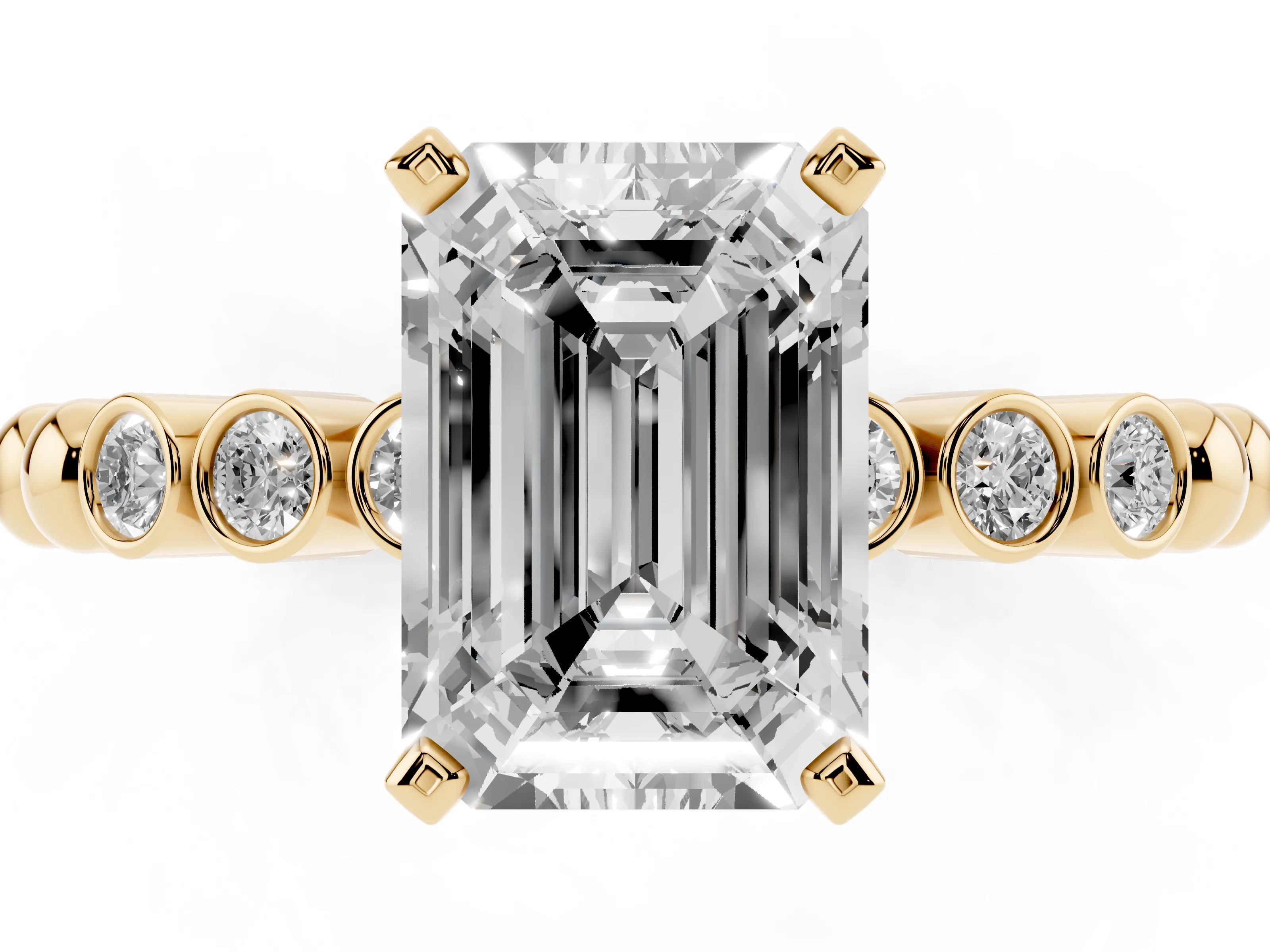 Emerald Cut Diamond Solitaire Engagement Ring Set in Yellow gold with Bezel Accents on Beaded Band