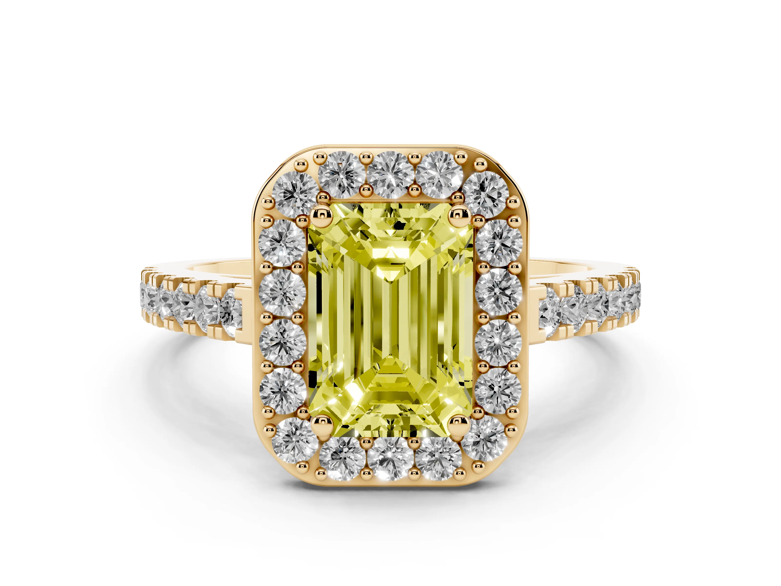 Fancy Yellow Emerald Cut Diamond Halo Ring Set in Yellow gold with Round Pavé Split Shank and Prong Setting