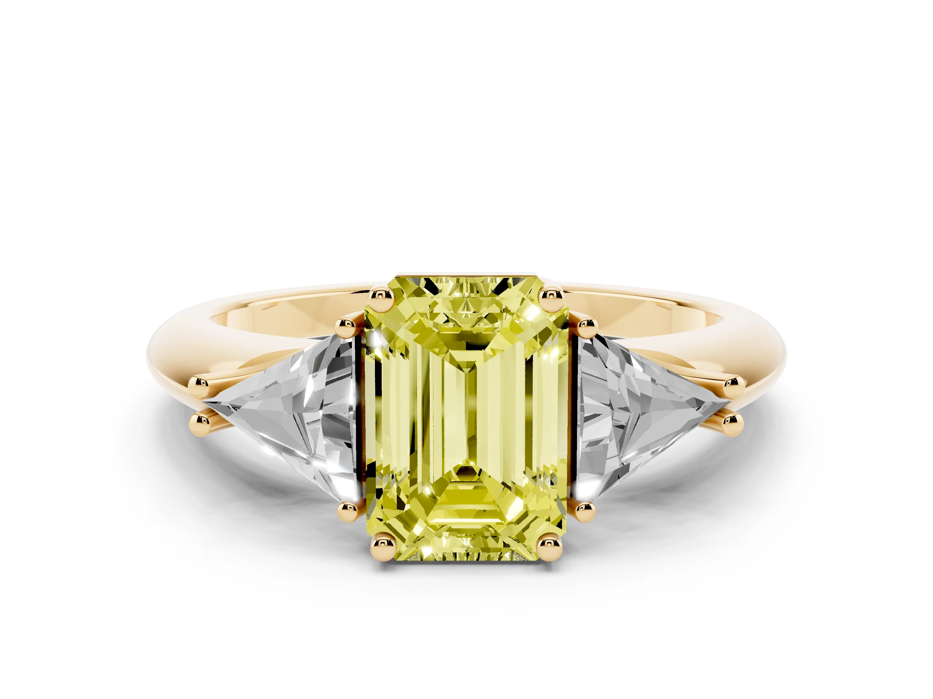 Fancy Yellow Emerald Cut Diamond Three-Stone Engagement Ring Set in Yellow gold with Trillion Side Stones