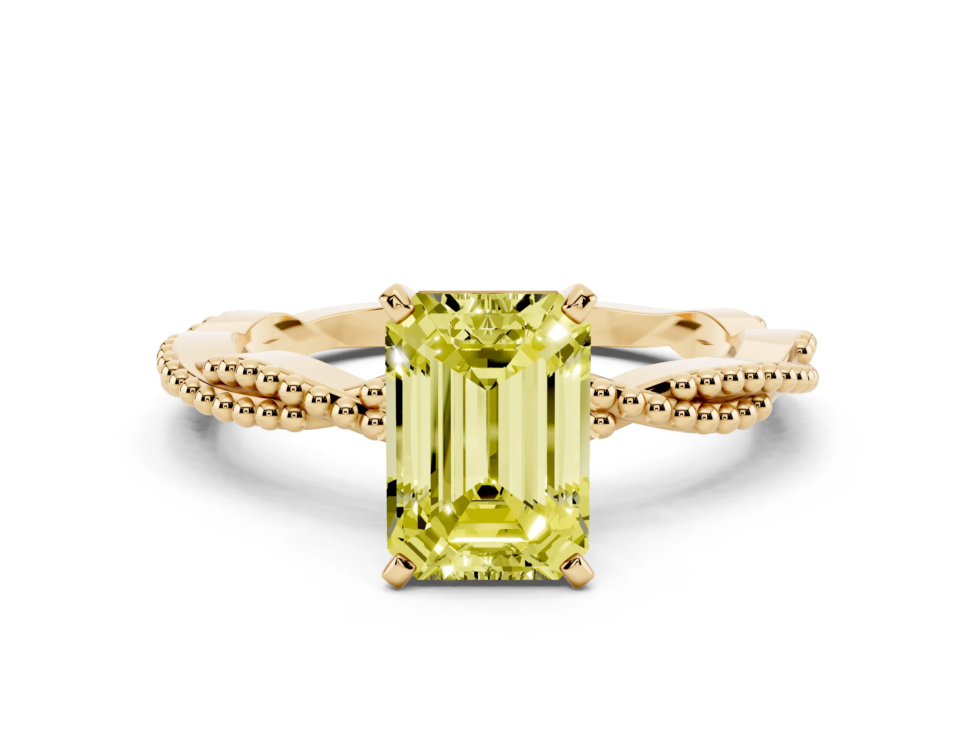Fancy Yellow Emerald Cut Diamond Solitaire Ring Set in Yellow gold with Twisted Band and Bead Prong Setting
